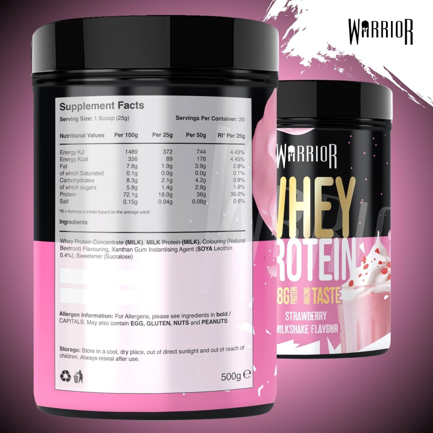 Warrior Whey Protein Powder 500g - Up to 36g* Protein per Shake – Low Sugar - Muscle Growth and Recovery Drink - Amazing Taste - 20 Servings - GMP Certified (Strawberry Milkshake)