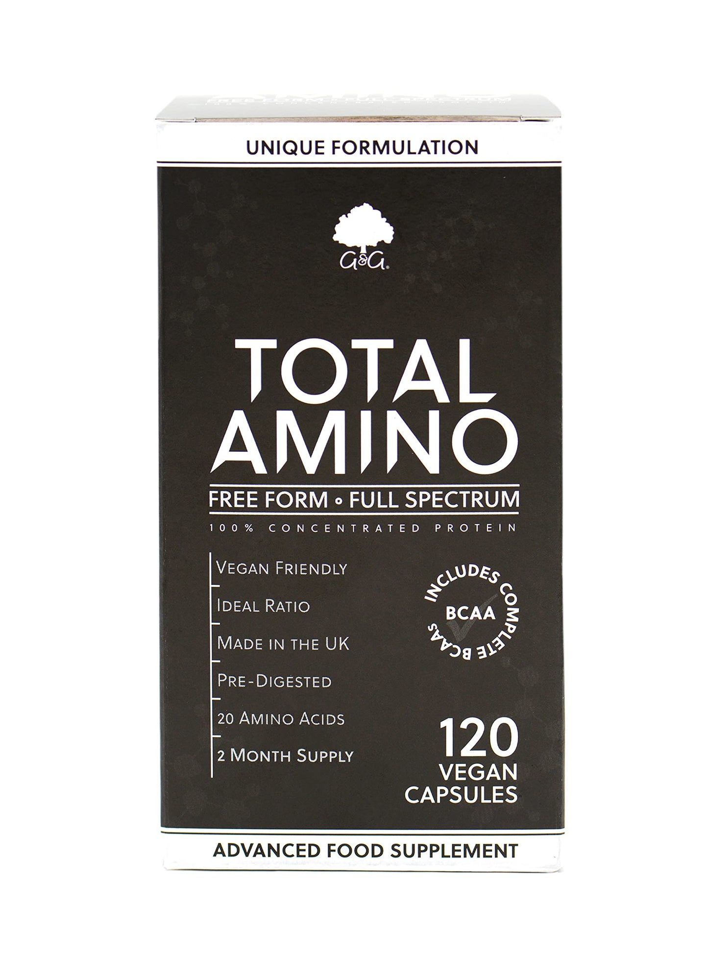 Total Amino | Full Spectrum Amino Acids Capsules | BCAA | Free Form Amino Acids | 120 Vegan Capsules | G&G Vitamins (Packing May Vary)