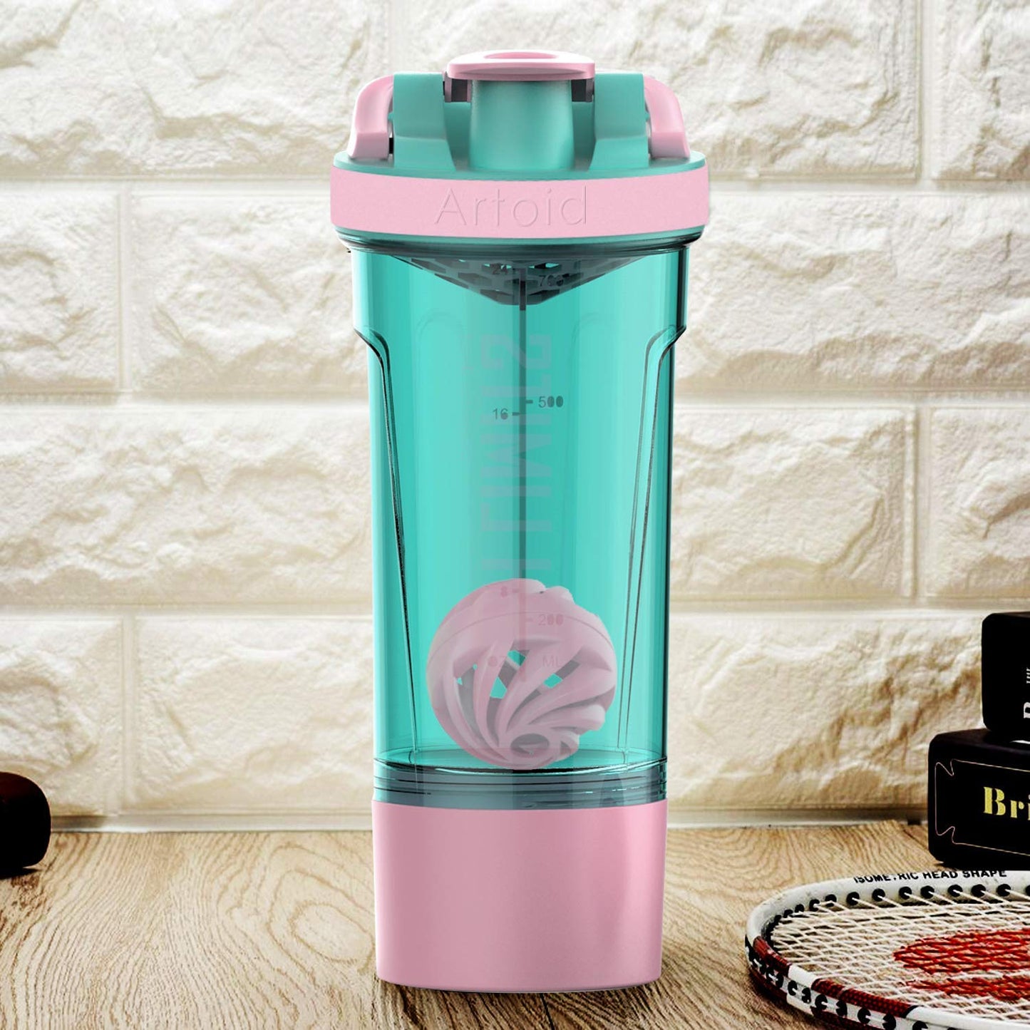 Artoid Mode 720ml Inspirational Sports Fitness Workout Protein Shaker Bottle with Twist and Lock Protein Box Storage, Dual Mixing Technology with Shaker Balls & Mixing Grids - BPA Free