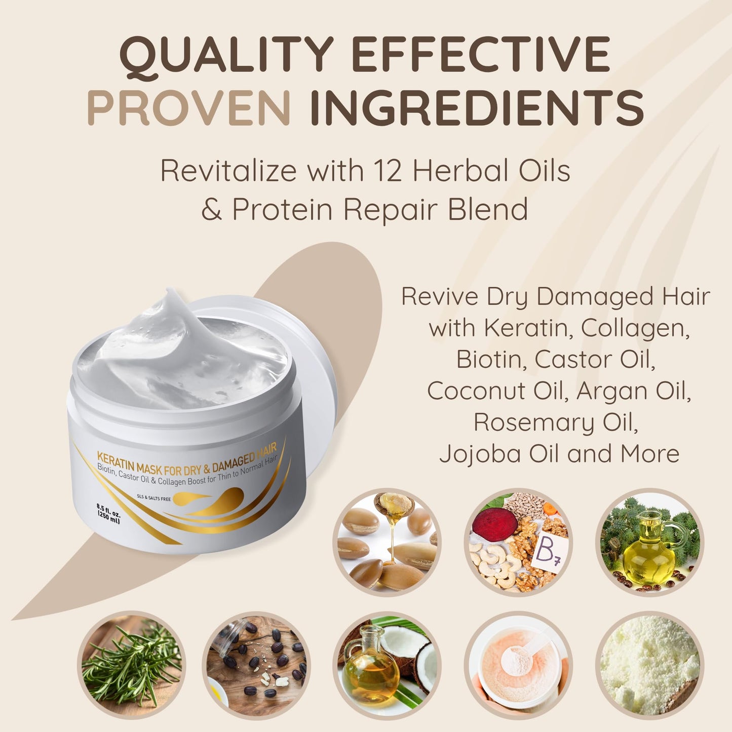 Vitamins Hair Mask Conditioner Keratin Treatment - Biotin Castor and Coconut Oil Deep Conditioning for Thin Fine Hair - Anti Frizz Moisturiser for Curly Straight Dry Damaged and Frizzy Locks