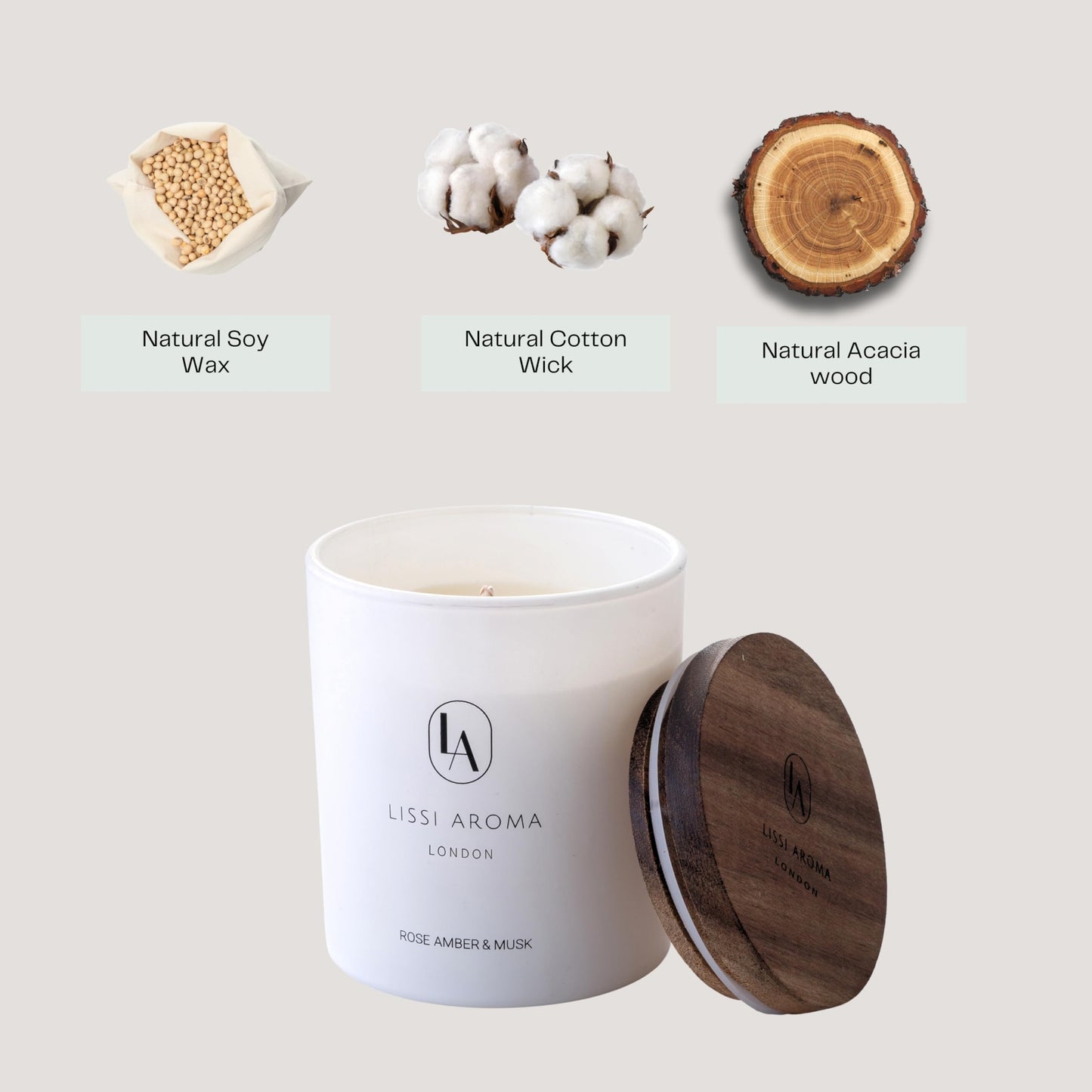 Lissi Aroma London, Premium Rose Amber & Musk Hand Poured Scented Candles, 220 g | 50Hour Burn, Highly Scented, Natural Soy Candles | Matte White jar with Natural Wooden lid