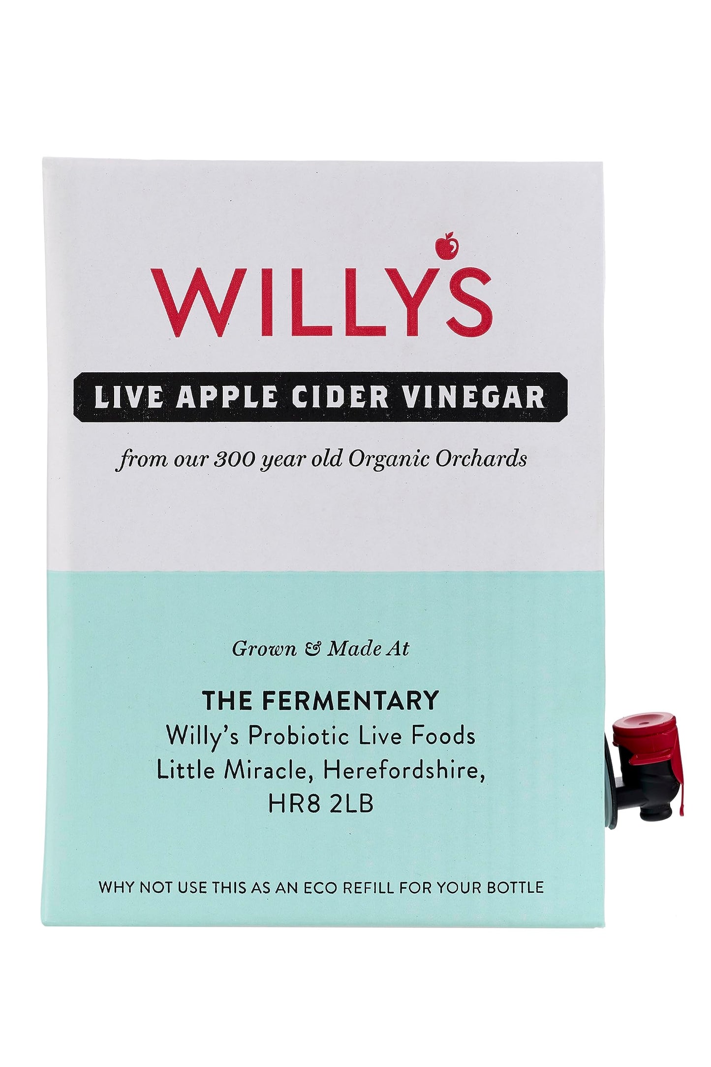 WILLY'S Apple Cider Vinegar with Live Mother Bundle - Probiotics For Detox & Gut Health - 5L Refill Bag In Box, 500ml Glass Bottle, Tea Towel & Pour Spout
