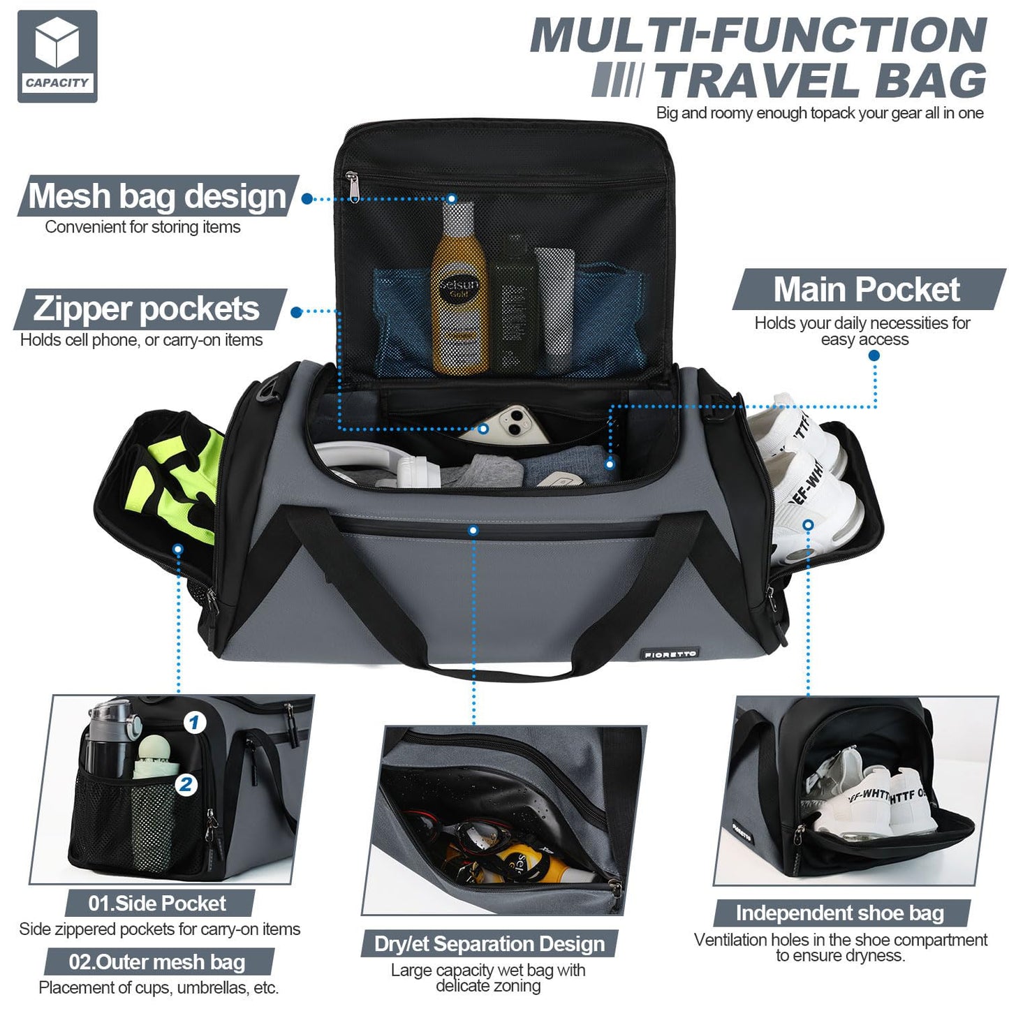 FIORETTO 45L Mens Sports Gym Bag with Wet Pocket & Shoe Compartment, Travel Duffle Bag Overnight Bag with Padded Shoulder Strap, Water-Resistant Holdall for Swimming, Basketball, Football Grey