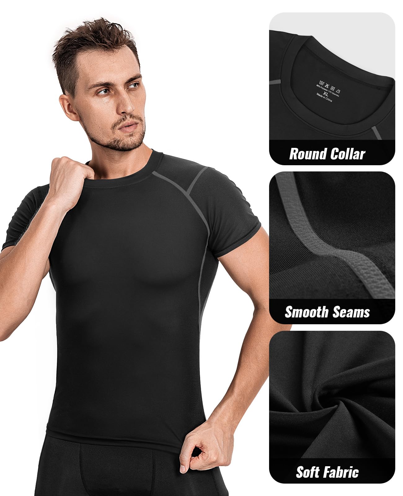 Niksa 3 Pack Compression Tops for Men Short Sleeve Mens Running Top Mesh Design Quick Dry Base Layer Top for Gym Sports Fitness Workout Cycling,Training, Black and Grey,XL