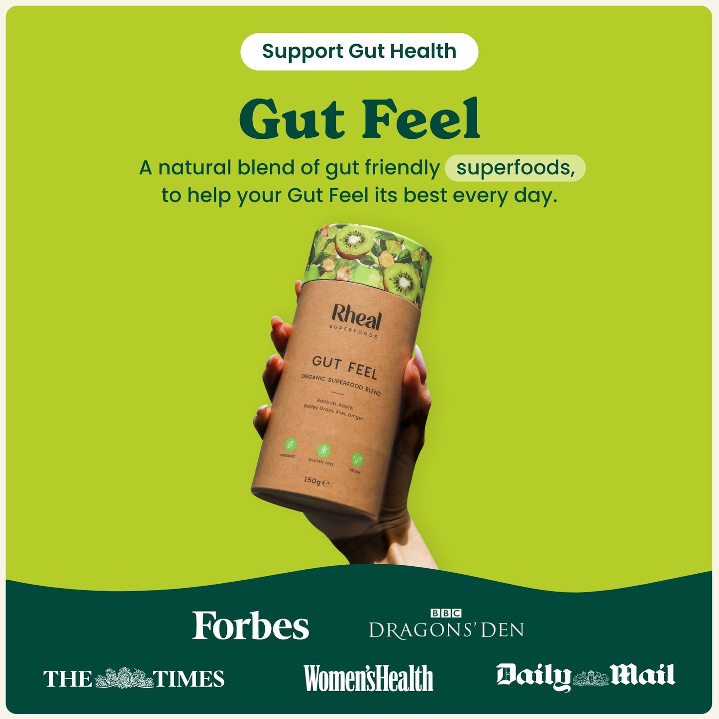 Rheal Gut Feel 150g | 30 Servings | Supports Digestion & Gut Health | Source of Fibre | 600mg Actazin Kiwi | Organic Superfoods with Ginger & Baobab | Certified B Corp