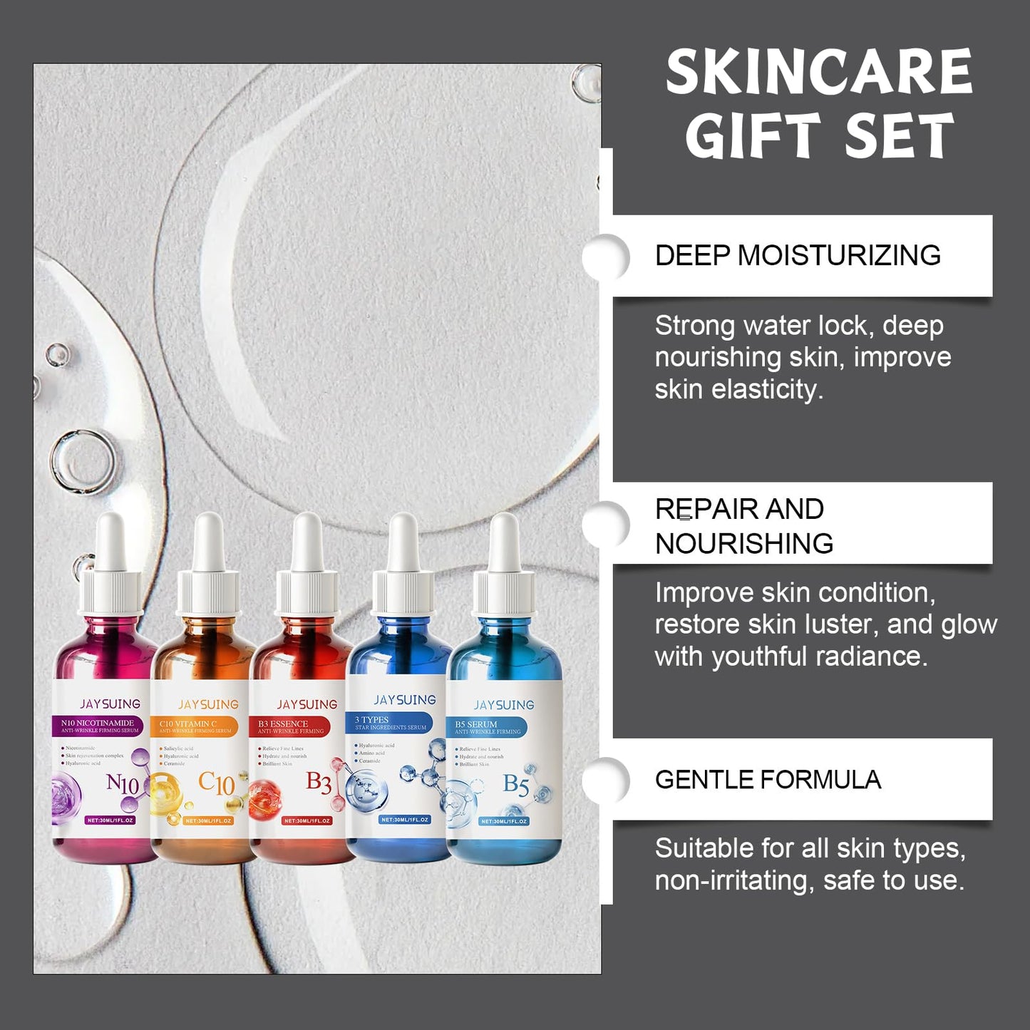 Face Serum Set - Beauty Gift Set for Her, Skin Care Gift Set, Facial Serum Set, 5-in-1 Face Care Set for Women with N10 Nicotinamide, C10 Vitamin C, B3, B5, and 3-in-1 Serums (30ml Each)
