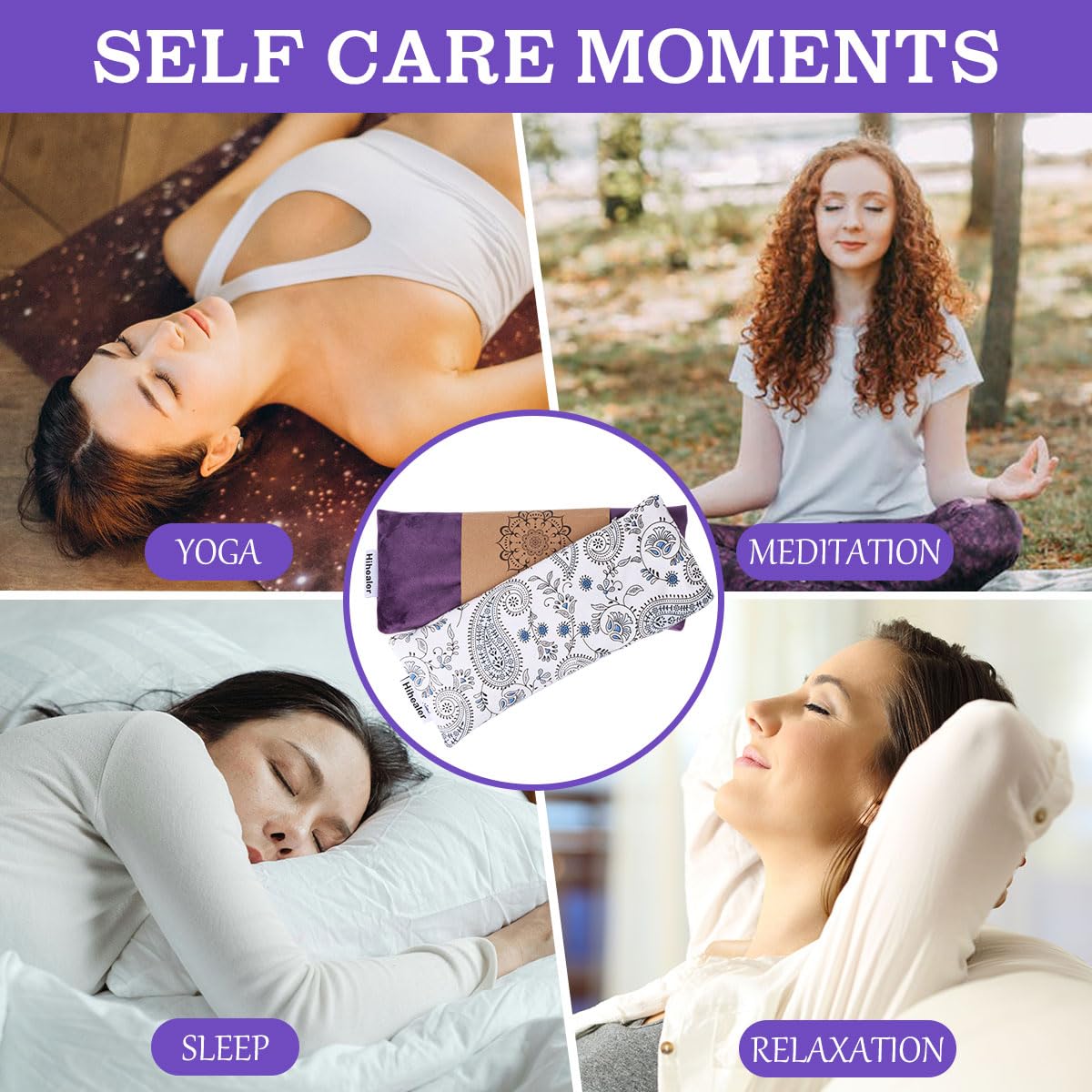 Hihealer Eye Pillow Yoga Meditation Accessories Lavender Aromatherapy Weighted Eye Mask for Sleeping, Yoga, Meditation, Self Care Relaxation Xmas Gifts for Women Mom (White & Purple)