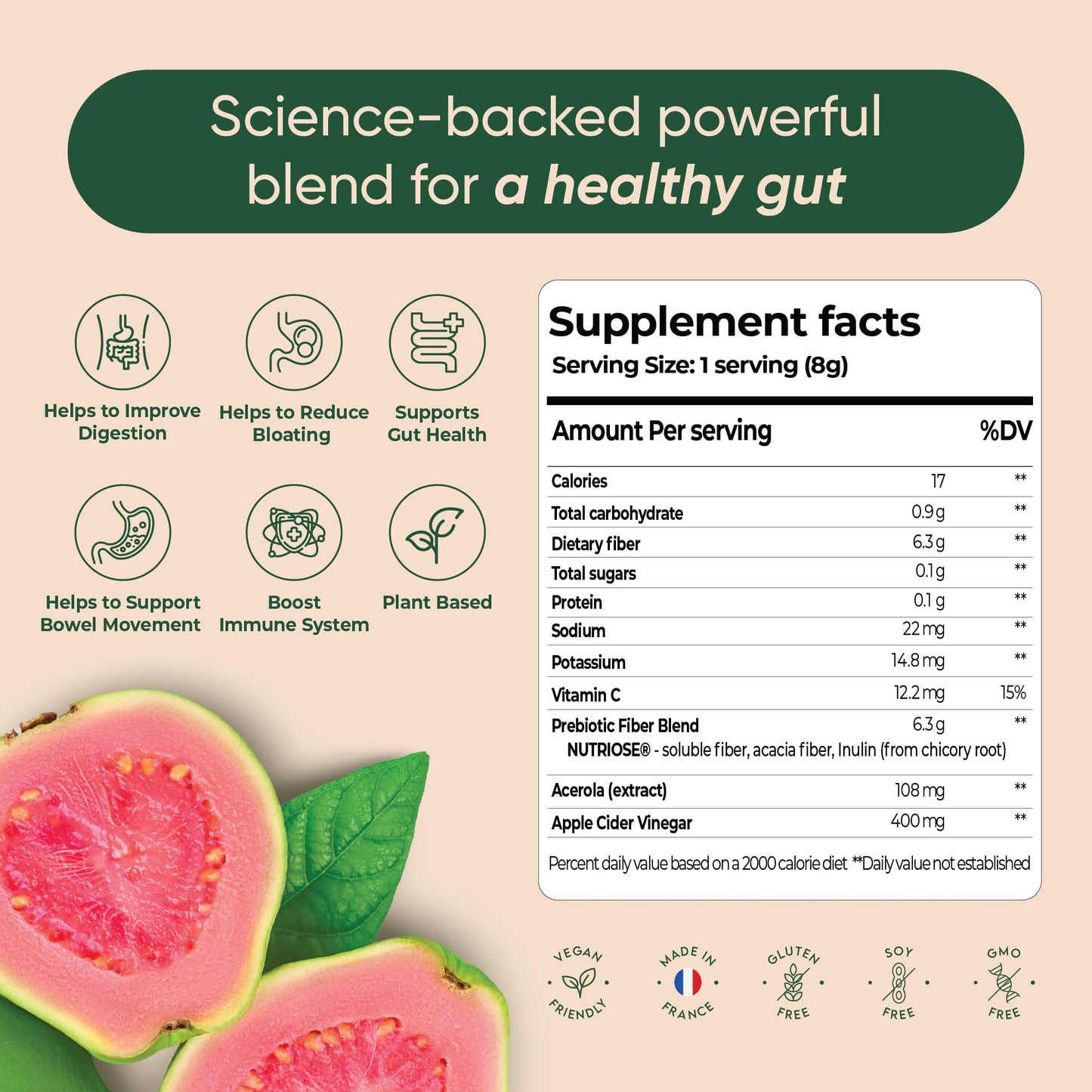 Rite Gut Health Prebiotic Supplement, High Fibre, Soluble Fibre Powder, Digestive Health, Vegan, Guava Flavour (30 Servings, 1 Month)