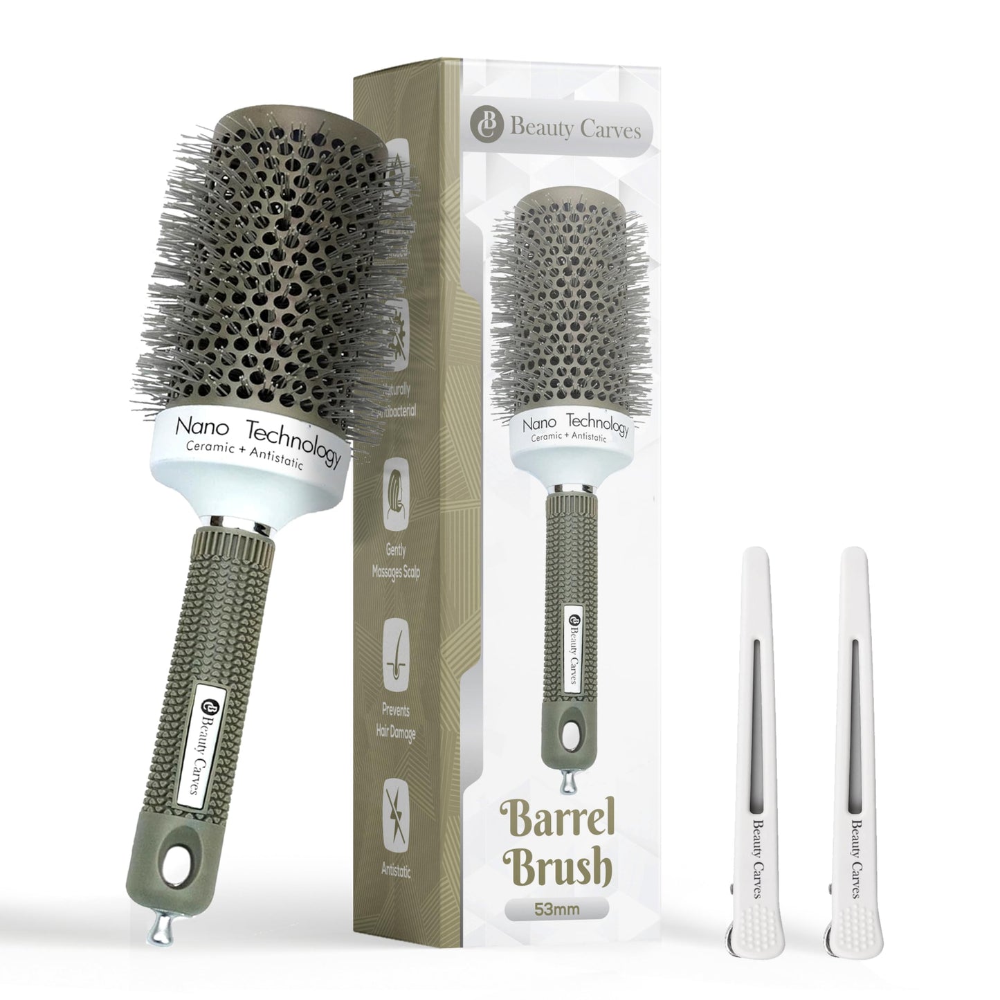 Beauty Carves Round Hair Brush, 53mm Barrel with 2 Clips - Blow Dry Hair Brush with Flexible Nylon 66 Bristles - Nano Ionic Heat Resistant Tech for Professional Curling, Styling & Shining Texture