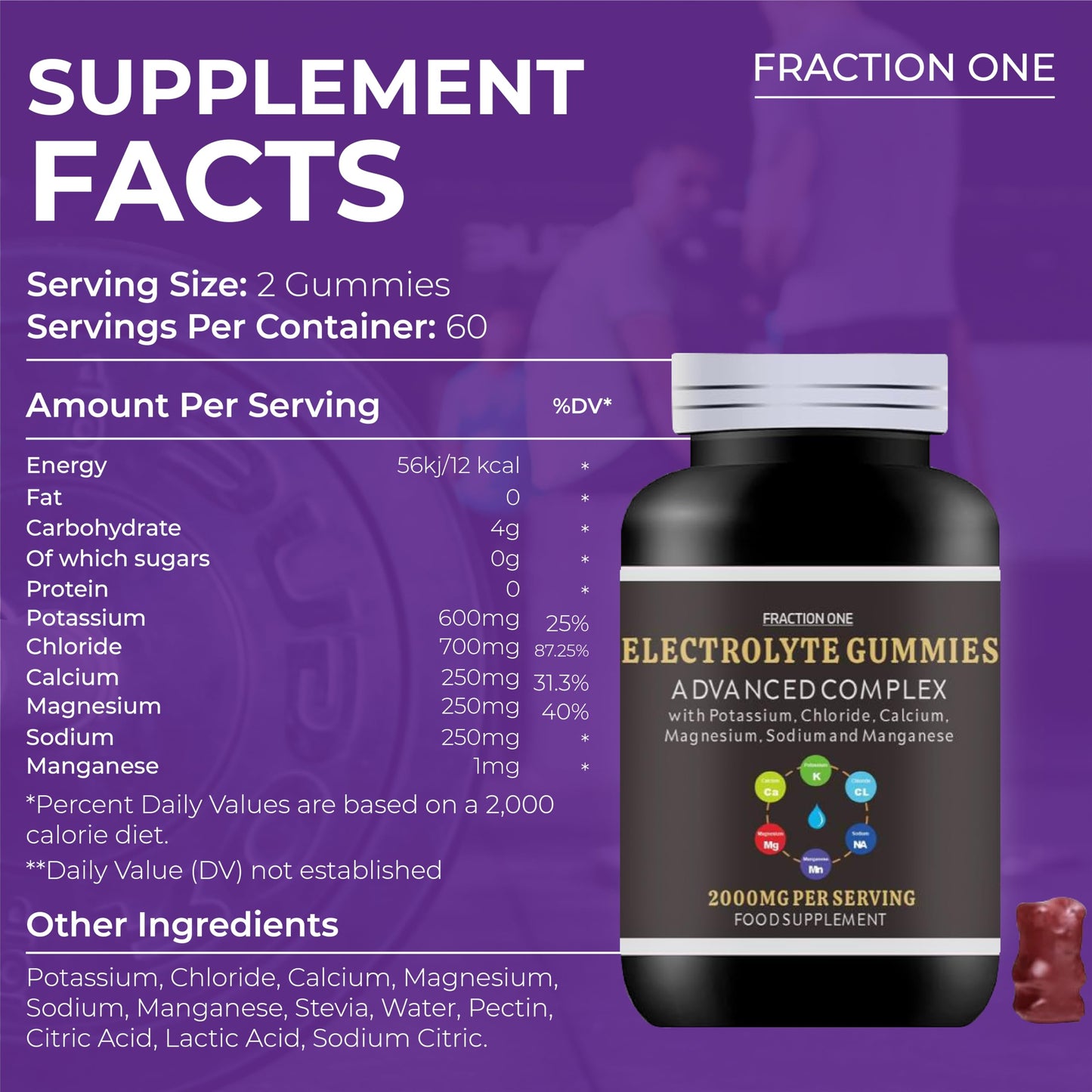 Fraction One Electrolyte Gummies – 2000 mg per Serving, Enhanced with Potassium, Chloride, Calcium, Magnesium, Sodium and Manganese – Supports Energy and Hydration – 120 Gummies – 60 Days Supply