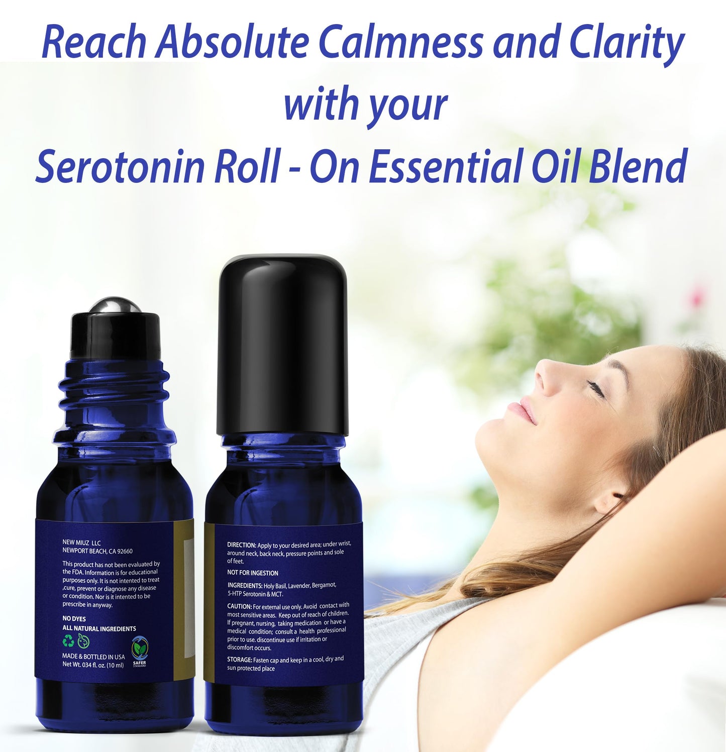 Calming Roll On Essential Oil Blend - Anti Stress Aromatherapy Oils Lavender, Bergamot & Holy Basil Destress - Relaxation Stress Relief Gifts for Women Perfect Stocking Stuffers - NEW MIUZ