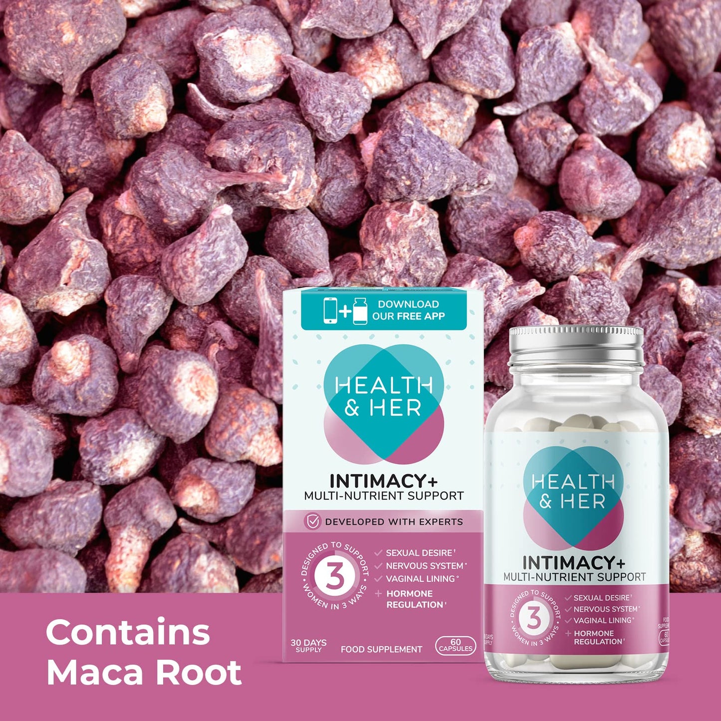 Health & Her Intimacy+ Multi-Nutrient Support for Women - Women's Desire Supplement with Maca Root, Tribulus Terrestris and Sea Buckthorn - 2 Month Supply - 120 Vegan Tablets