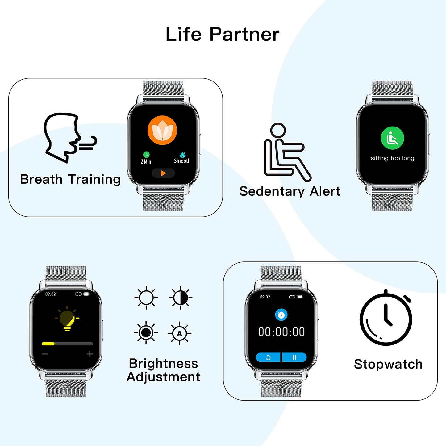 Popglory Smart Watch for Women Men Answer/Make Calls, 1.85" Smartwatch 44mm 2 Straps & Split Screen, 100+ Sports Fitness Watch with Blood Pressure/Oxygen/Heart Rate Monitor for iOS and Android