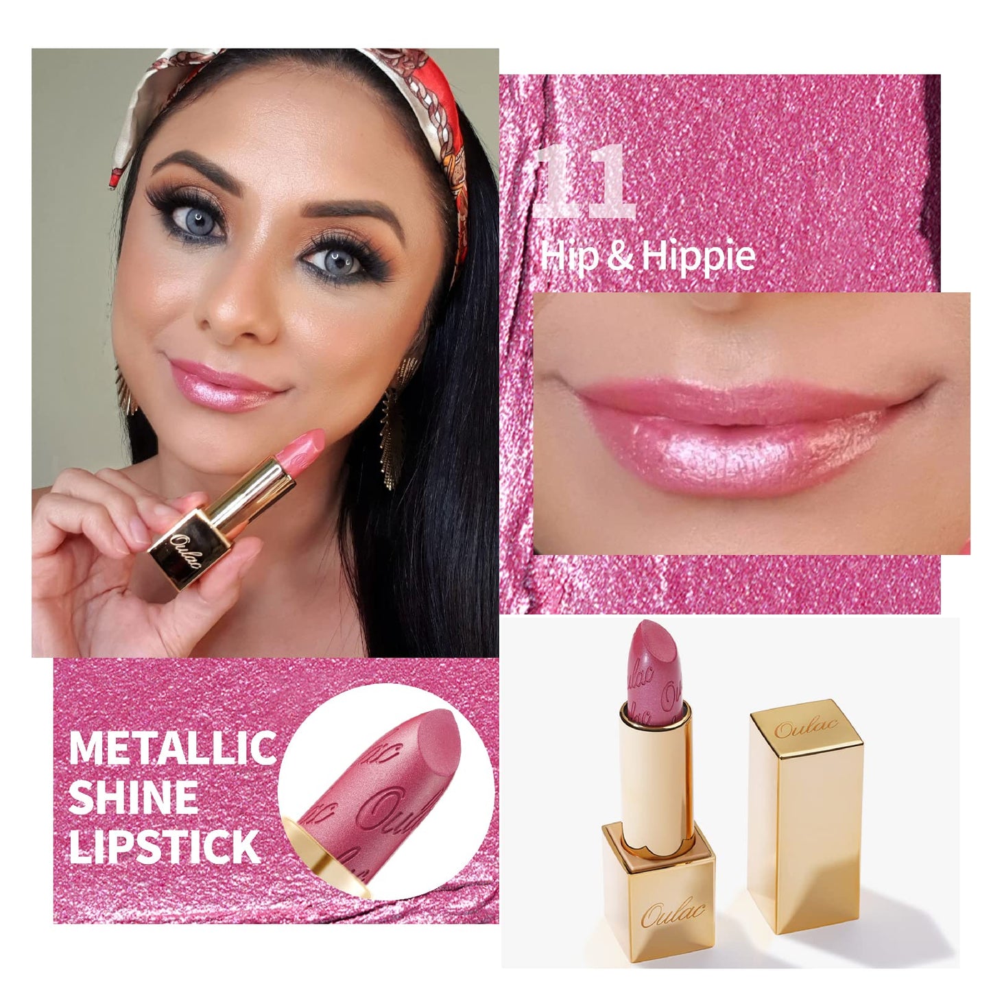 OULAC Metallic Shine Glitter Lipstick, Pink High Impact Lipcolor, Lightweight Soft and Ultra Hydrating, Long Lasting, Vegan & Cruelty-Free, Full-Coverage Lip Color 4.3 g/0.15 HIP & HIPPIE(11)
