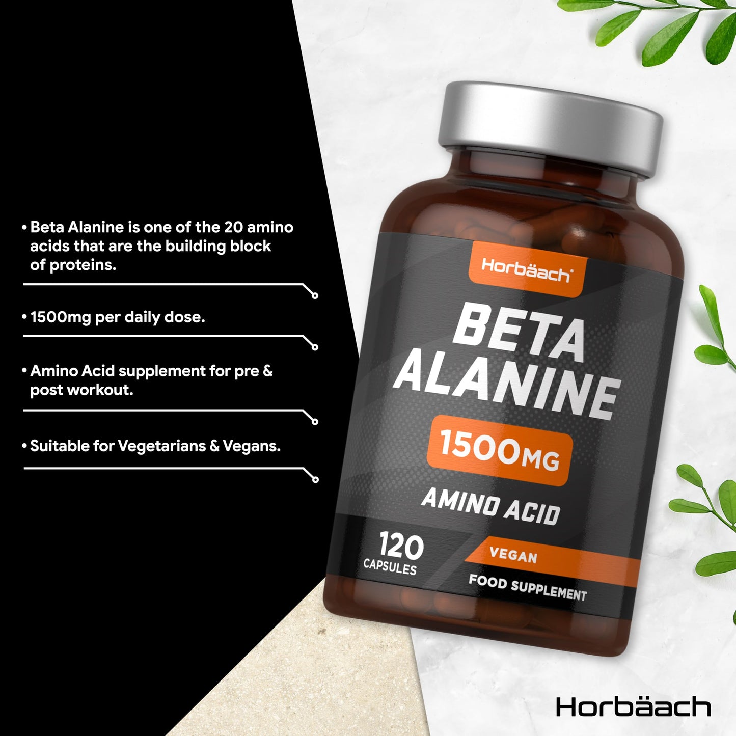 Beta Alanine 1500mg | 120 Vegan Capsules | Premium Amino Acid Supplement for Men & Women | by Horbaach