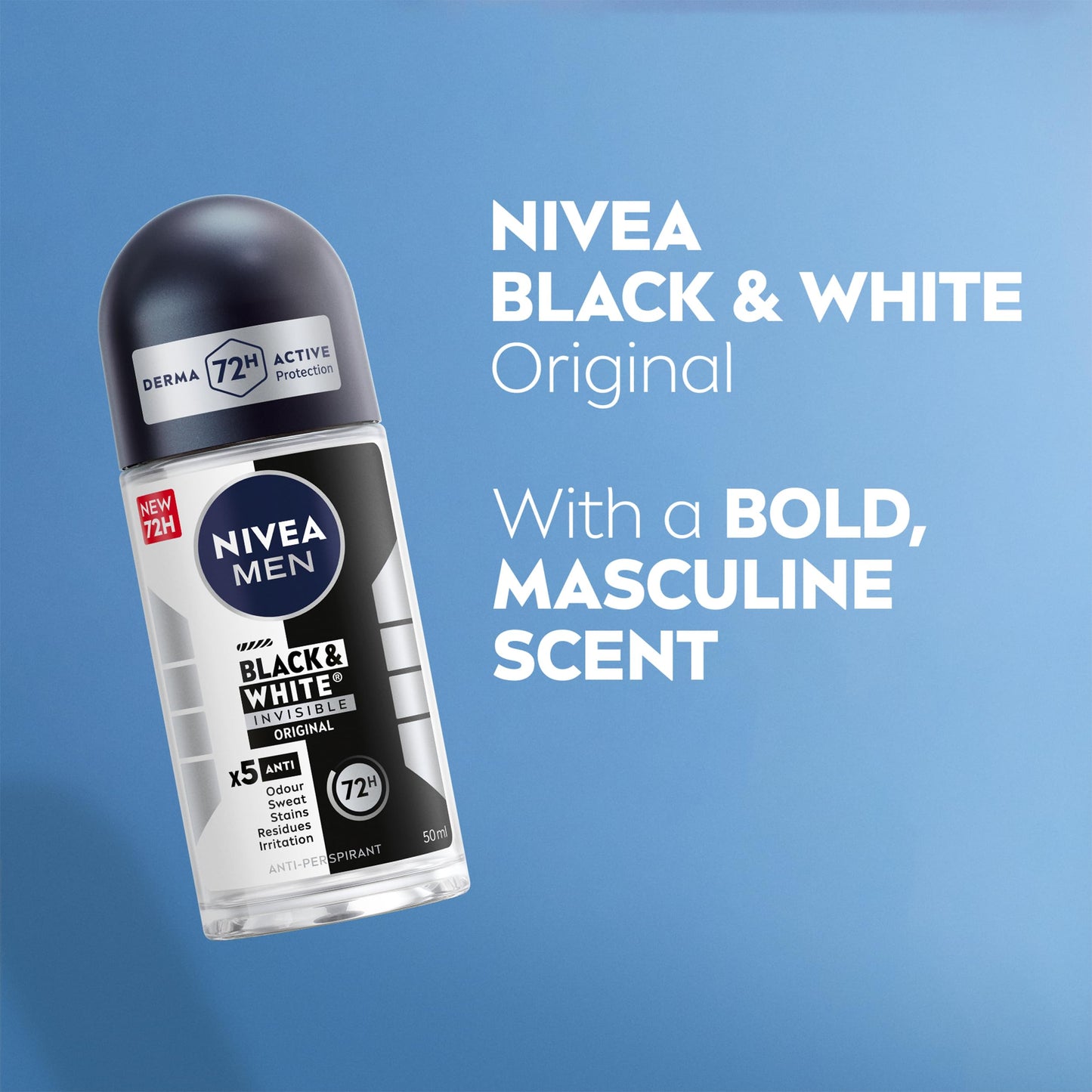 NIVEA MEN Black & White Original Anti-Perspirant Roll On (50ml), 72hr Anti-Sweat Roll On Deodorant for Men, No Stains on Black and White Clothes