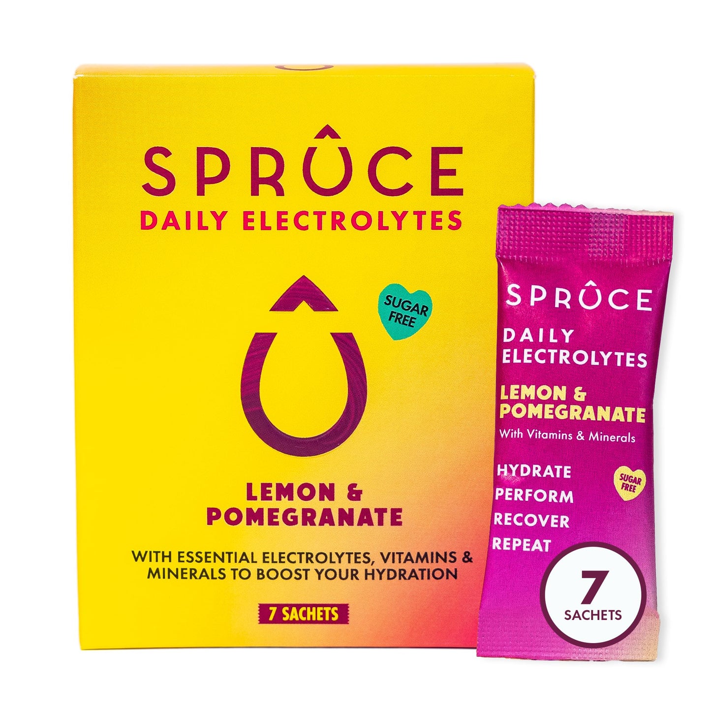 Spruce Daily Electrolytes – Sugar Free Hydration Sachets with Potassium, Sodium, Magnesium, Vitamins & Minerals for Rehydration & Recovery – Lemon & Pomegranate – 7 Sachets