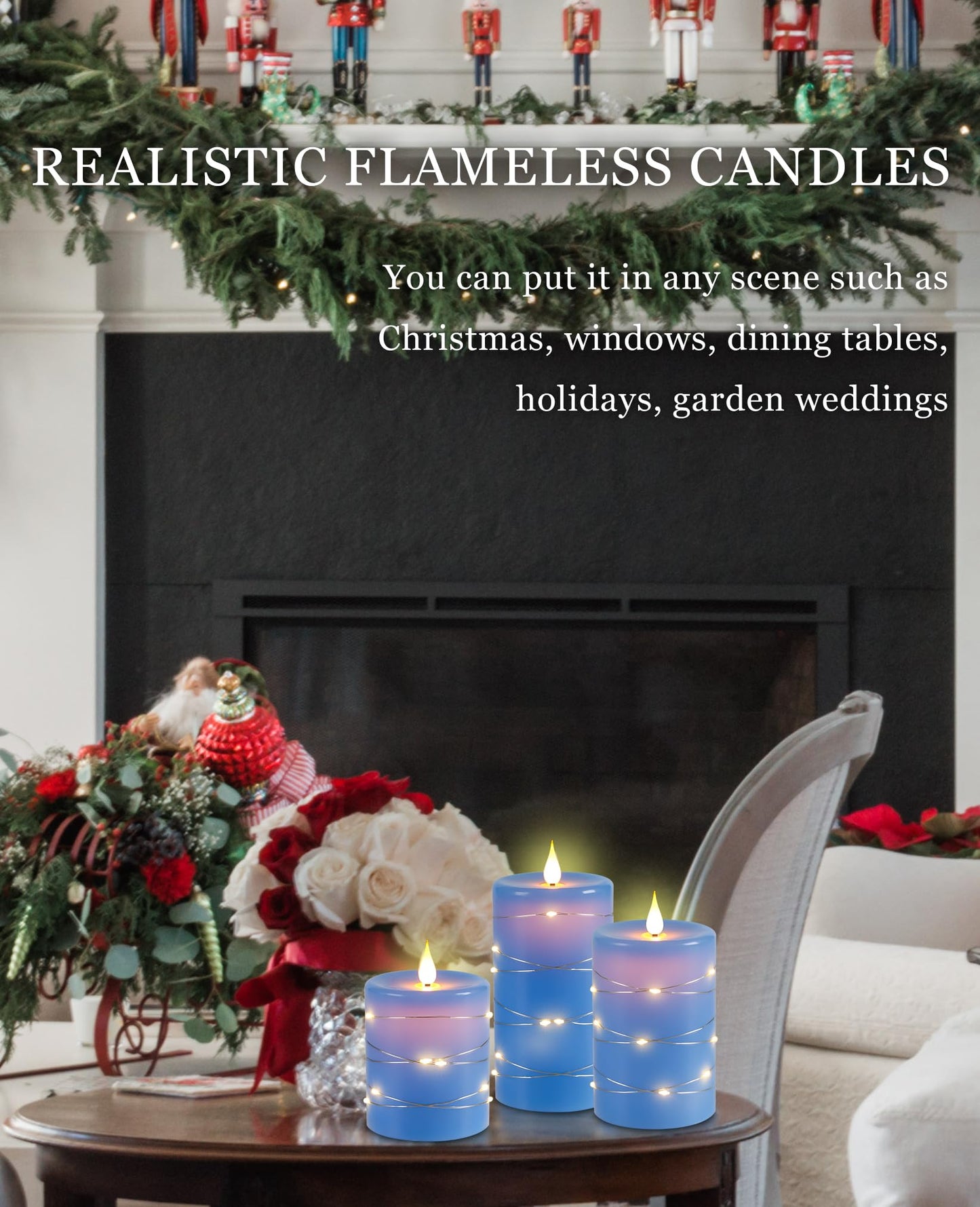 Flameless Candles 360 Degree Viewing Angle, with Starry String Lights, 3-Pack Fairy String Lights LED Candles, with 10-Key Remote Control, 24-Hour Timer Function, Dancing Flame, Real Wax(Blue).