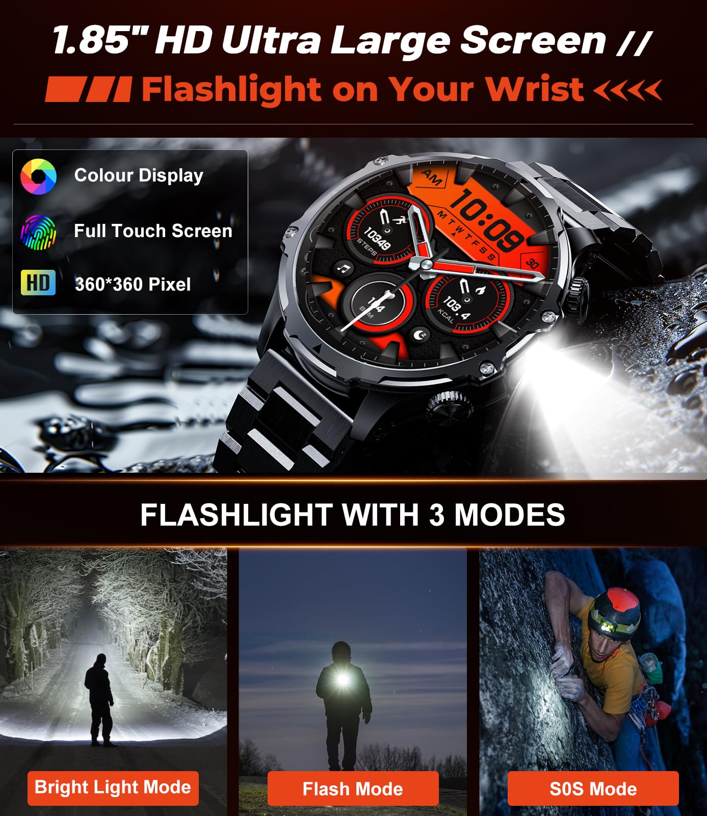 Military Smart Watch for Men with 800mAh and LED Flashlight, 1.85'' Smartwatch with Bluetooth Call/30+ Days Standby/Health Monitor, IP68 Waterproof Sport Tactical Fitness Tracker Watch for Android iOS