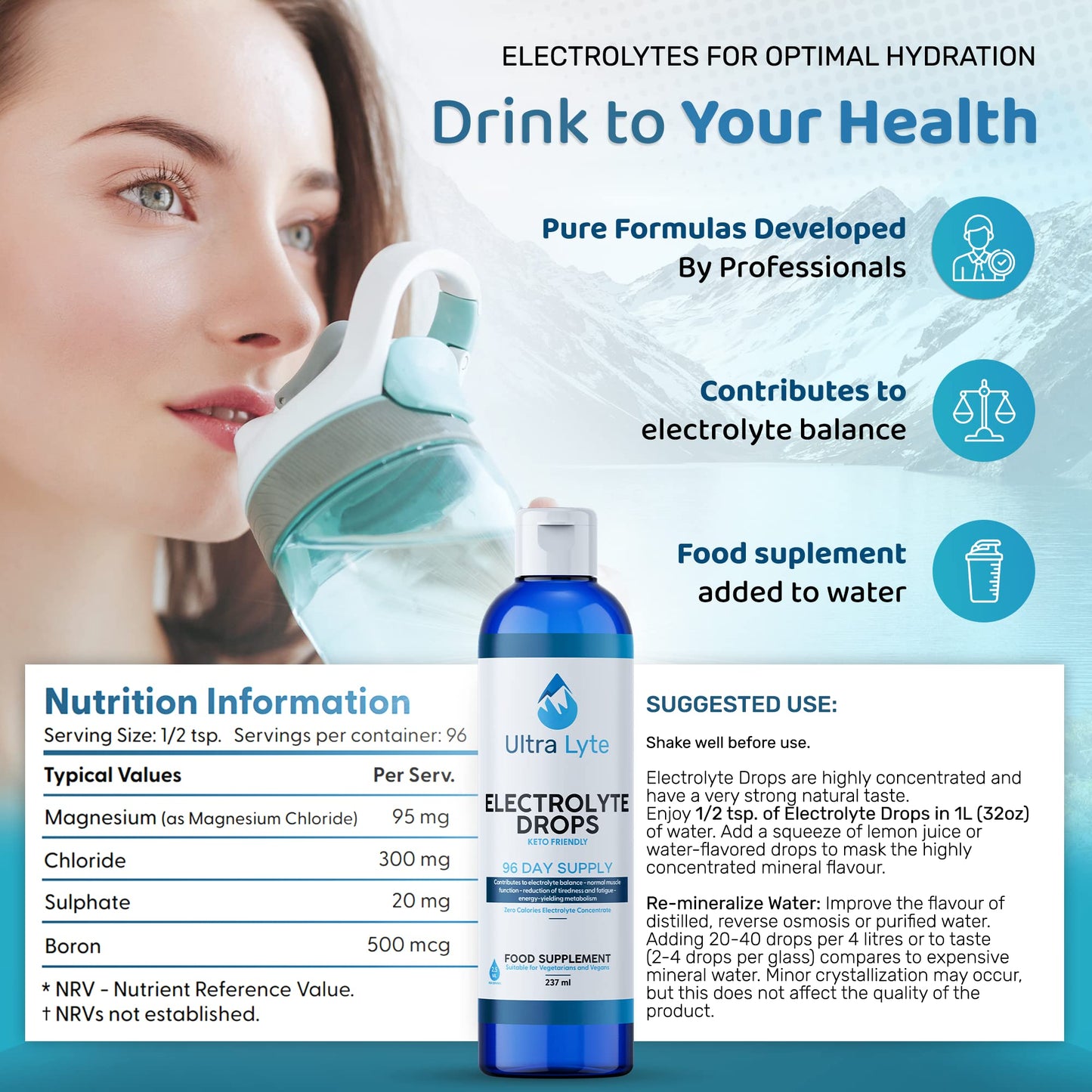 Ultra Lyte Keto Electrolytes Trace Mineral Drops – Highly Concentrated Mineral Supplements with Zero Calories – Vegan-Friendly Electrolyte Drops for Hydration, Muscle Cramp – 96 Servings