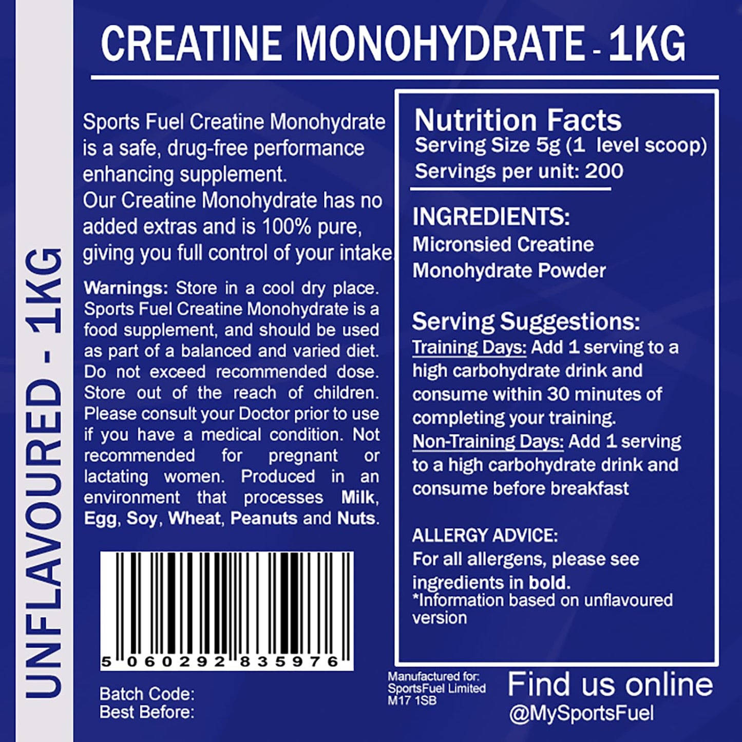 Sports Fuel 1 kg, Creatine Monohydrate Powder Supplement, for Strength, Bulk, Performance & Muscle Recovery (Not Gummies or Tablets), 200 Servings (Unflavoured)
