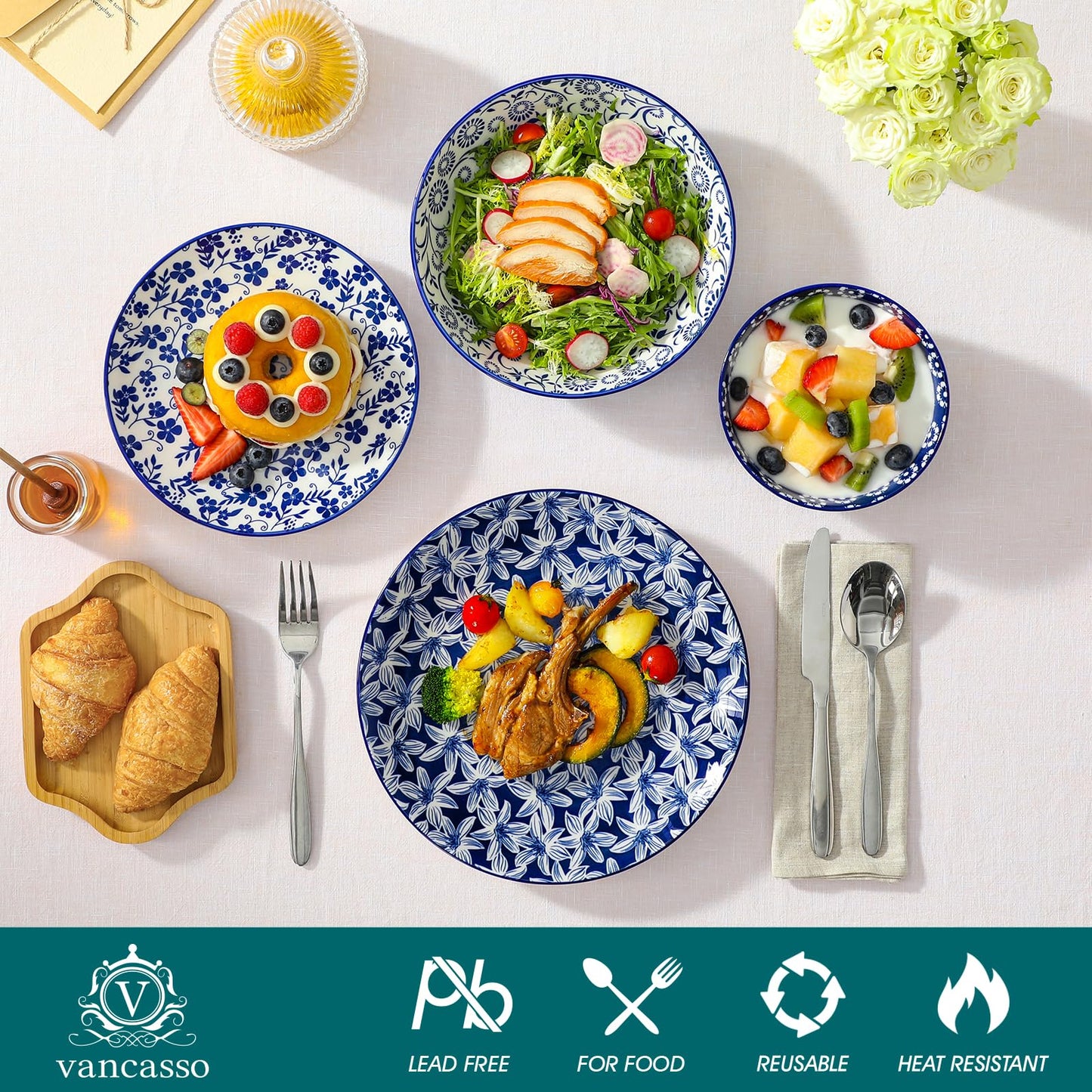 vancasso Selene Plates and Bowls Set, 24 Pieces Vintage Blue Porcelain Dinner Sets for 6 People Scratch Resistant Dinnerware Sets Crockery Set, Mircowave Dishwasher Safe Dishes Set