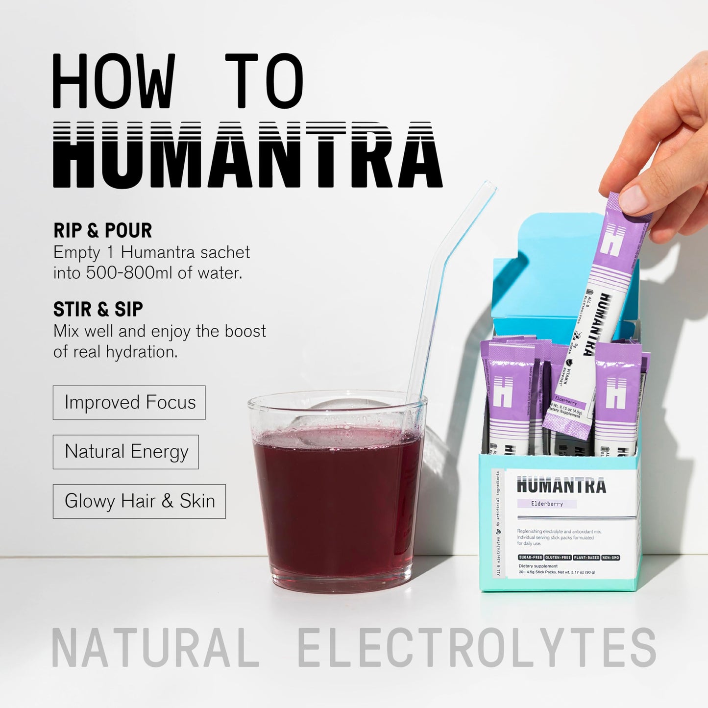 Humantra Hydration Packets | Zero Sugar Electrolyte Hydration Multiplier w/Essential Minerals & 6 Electrolytes | Electrolytes Powder (20 Count, Elderberry)