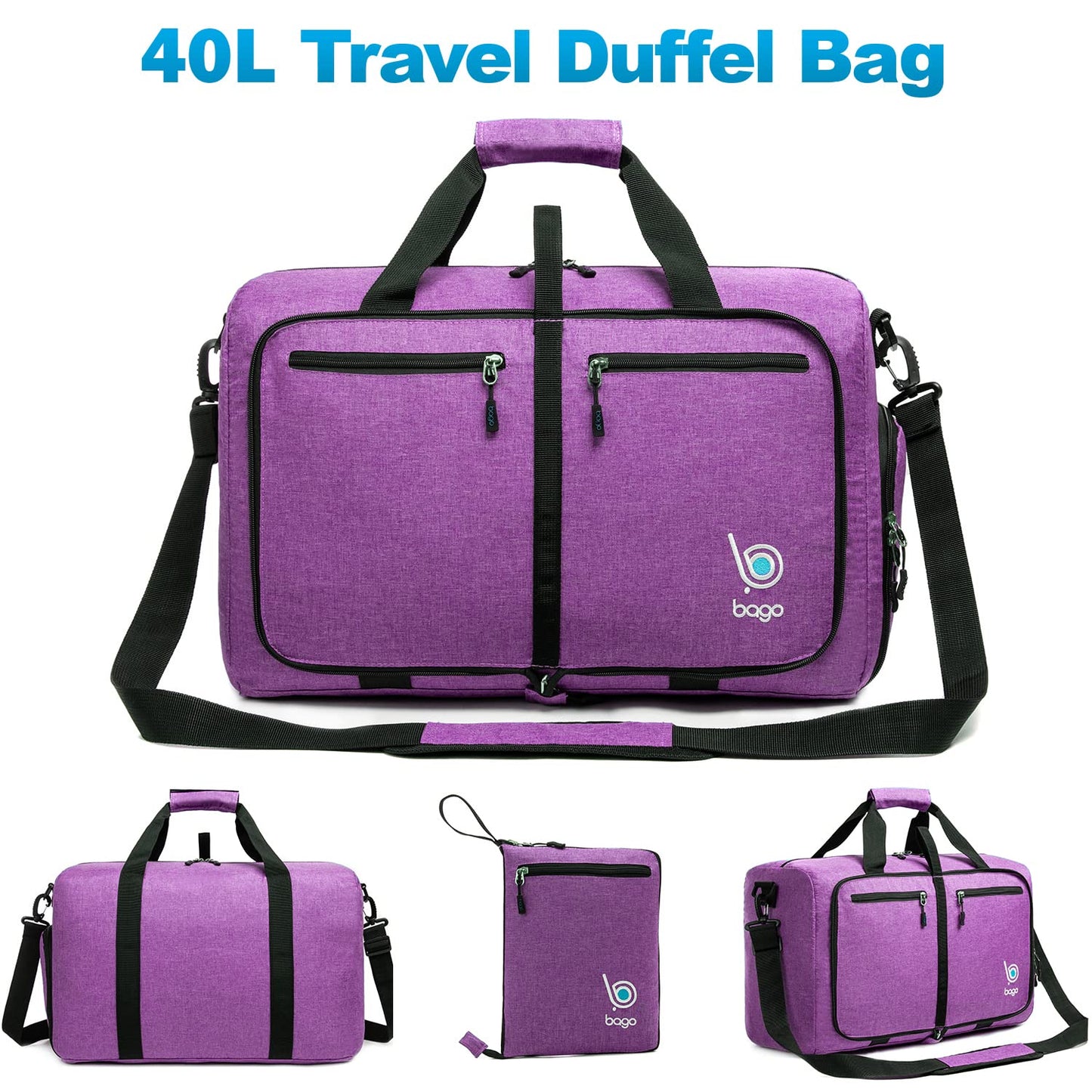 bago Holdall Bags for Men & Women - 40L Spacious Holdall Bag with Shoe Compartment - Save Time & Travel The World in Style & Convenience - Durable, Lightweight & Foldable Duffle Bag (SnowDepPurple)