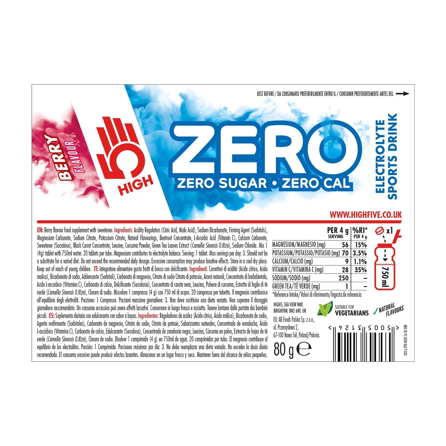 HIGH5 ZERO Electrolyte Tablet - Hydration Tablets Enhanced with Vitamin C - 0 Calories & Sugar Free - Boost Hydration, Performance & Wellness - Berry, 160 Tablets (20x, Pack of 8)