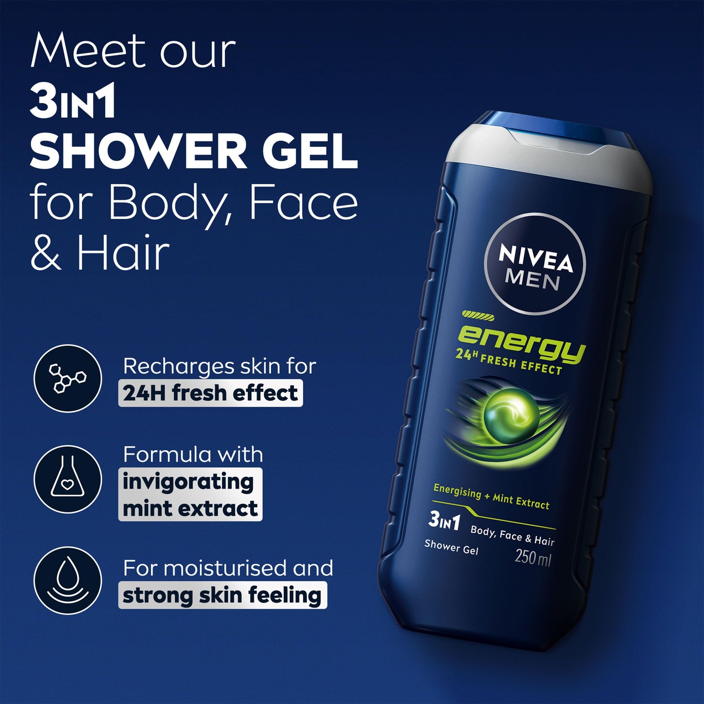 NIVEA MEN Energy Shower Gel Pack of 6 (6 x 250 ml), Moisturising 3-in-1 Body Wash for Men with Mint Extract, Energising NIVEA MEN Shower Gel