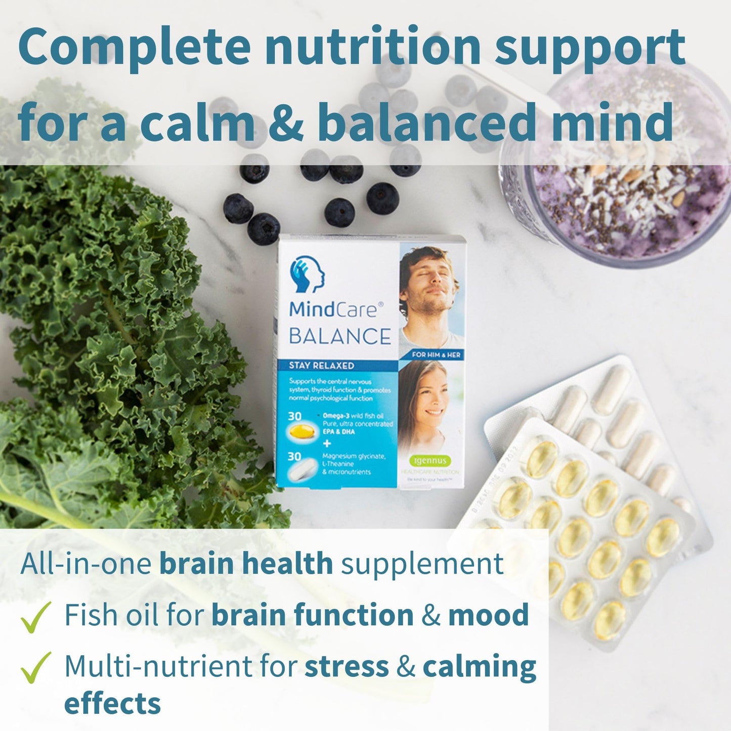 MindCare Balance with Magnesium Glycinate, L-Theanine, Omega-3 EPA DHA & B-Vitamins, Calming Supplement, 60 Capsules, by Igennus