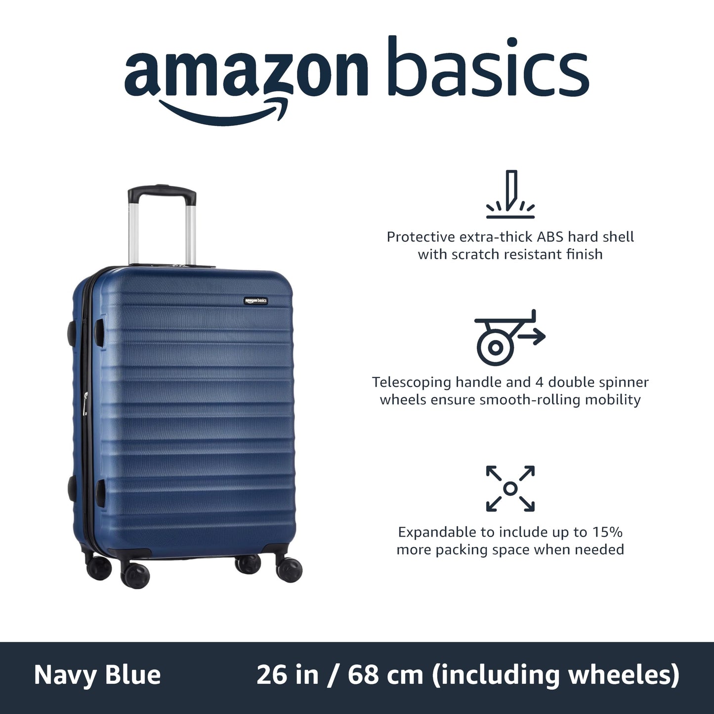 Amazon Basics Hardside Luggage ABS Hard-Shell Spinner/Suitcase with 4 Wheels, 68 cm, Navy Blue