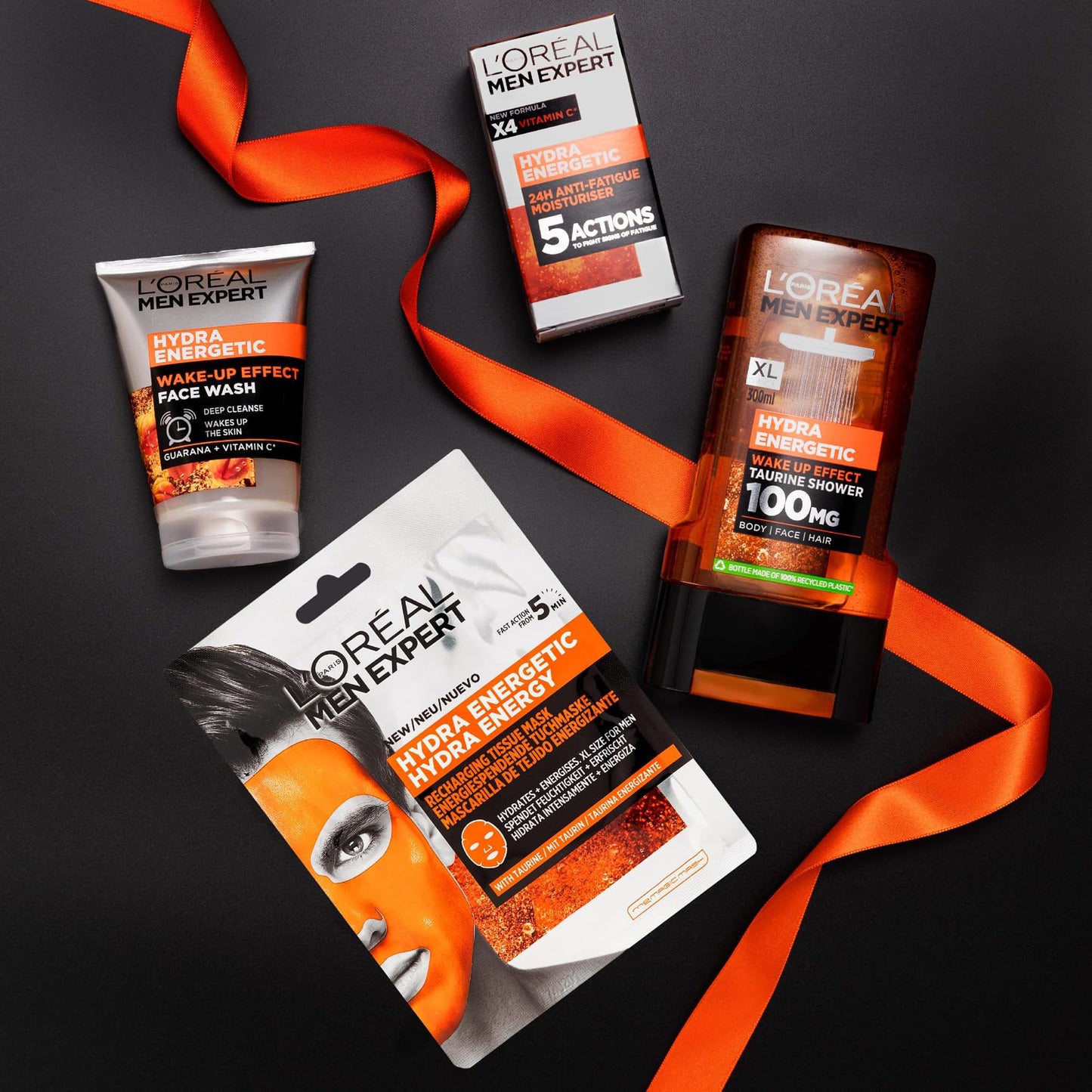 L'Oreal Men Expert Gift Set for Men, Hydra Energetic Fully Charged Washbag: Shower Gel, Moisturiser for Men, Sheet Face Mask and Face Wash