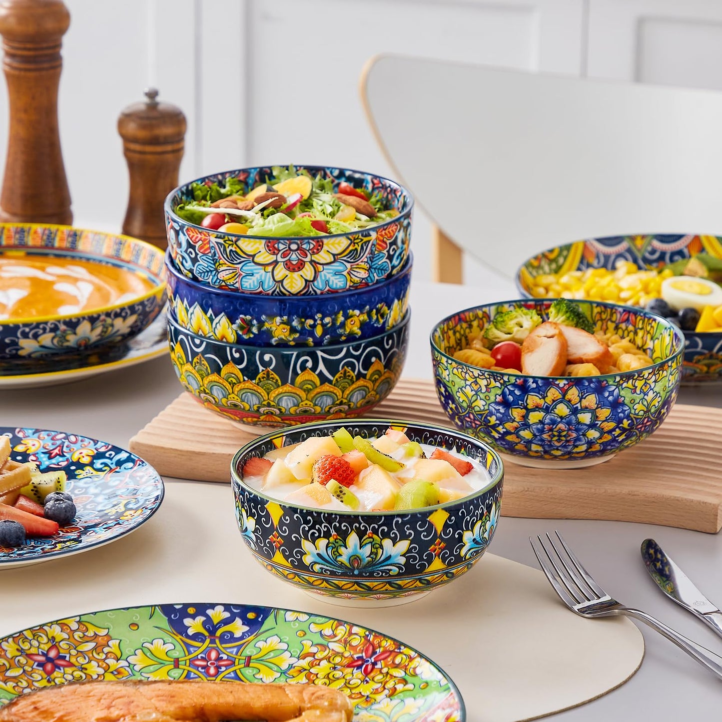 vancasso SIMI Dinner Set- 24 Pieces for 6 People, Porcelain Plates and Bowls Set, Bohemian Style Dinnerware Sets, Scratch Resistant Dinner Service Set, Dishwasher and Microwave Safe