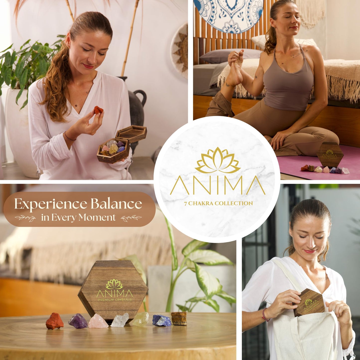 Anima Premium 7 Chakra Crystals Set – Perfect Spiritual Gifts for Women with Large Raw Rose Quartz, Amethyst and Lapis Lazuli Crystals in Wooden Box with Guide Booklet