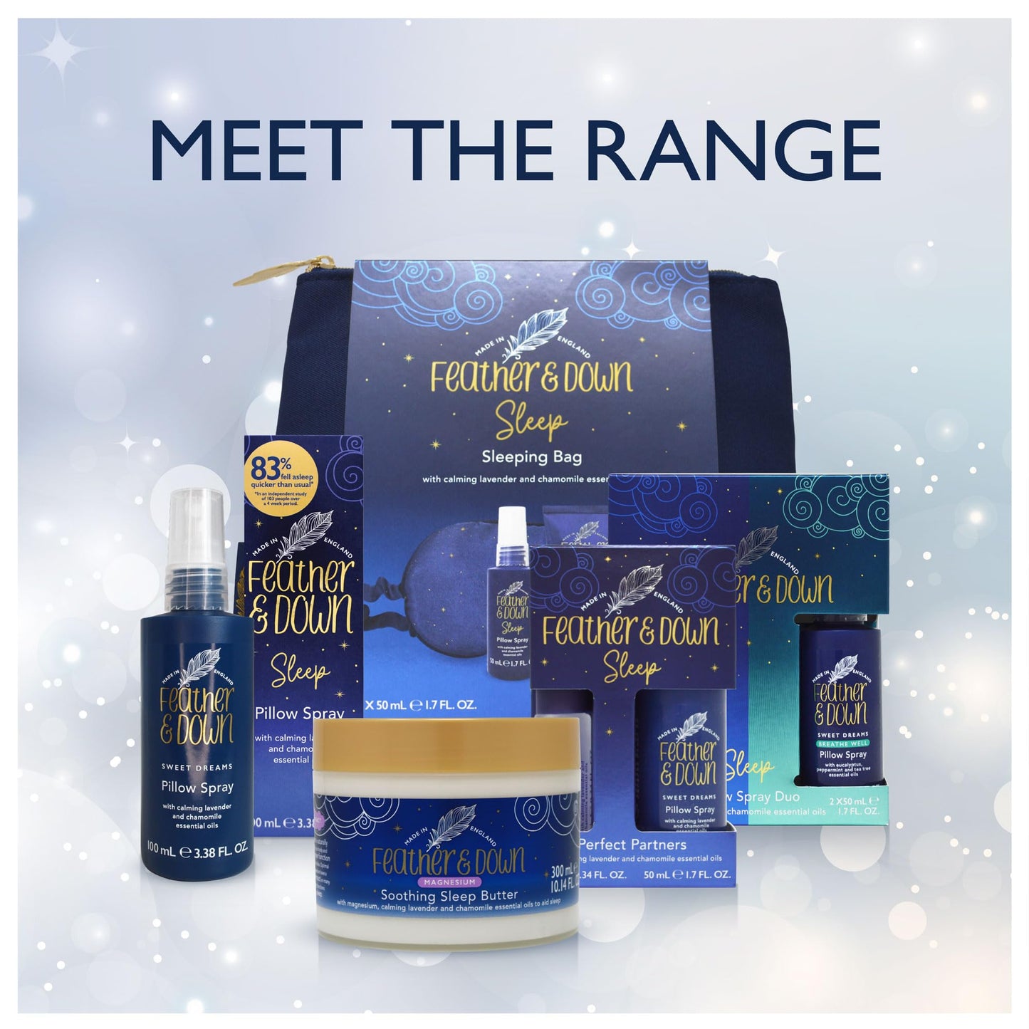 Feather & Down Sleeping Bag Gift Set (luxury eye mask, sleep balm, pillow spray and shower cream) - with calming lavender & chamomile essential oils. Vegan Friendly & Cruelty Free.