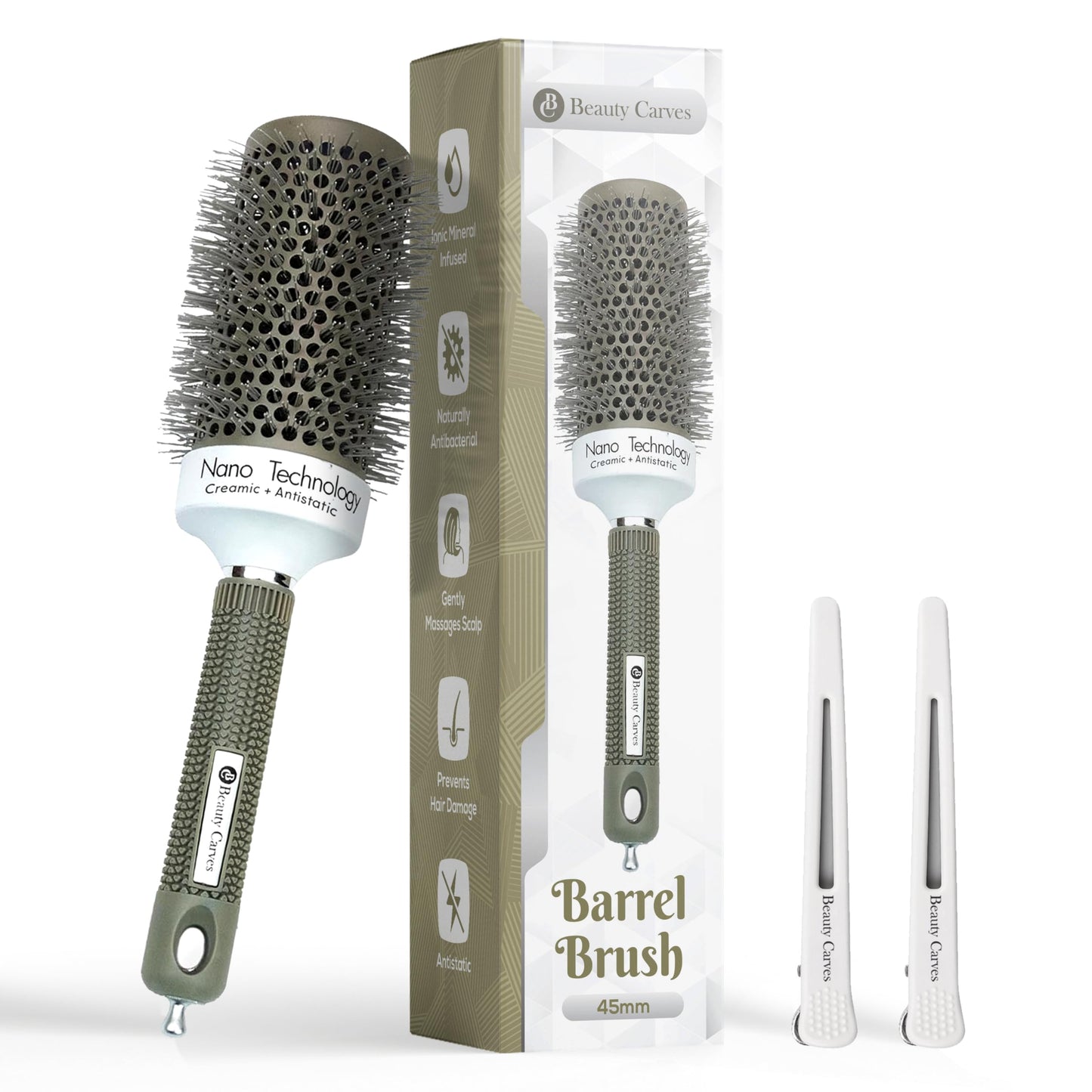 Beauty Carves Round Hair Brush, 45mm Barrel with 2 Clips - Blow Dry Hair Brush with Flexible Nylon 66 Bristles - Nano Ionic Heat Resistant Tech for Professional Curling, Styling & Shining Texture