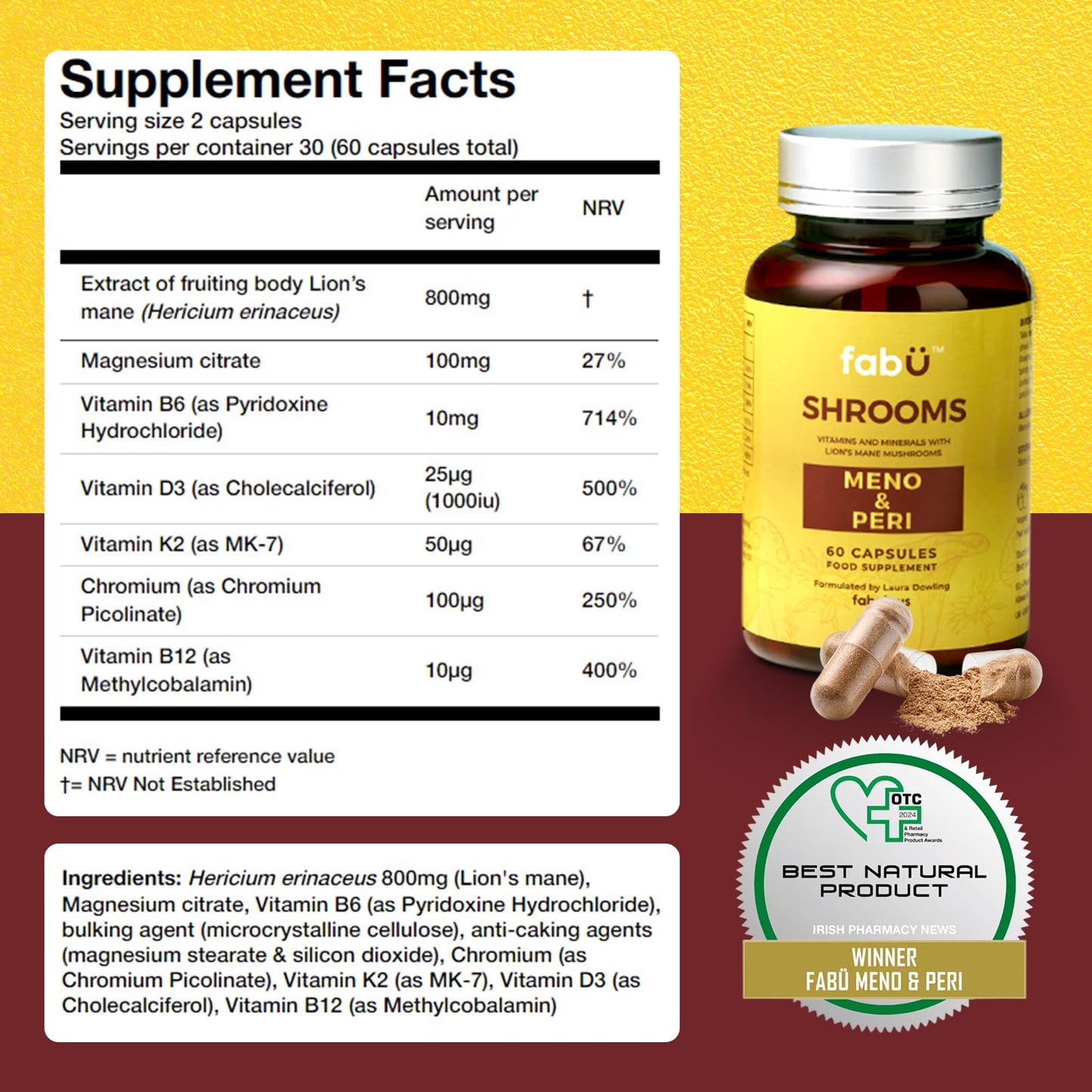 fabÜ Shrooms MENO & PERI - Lion's Mane Mushroom & Magnesium Supplements for Women During Menopause - Natural Perimenopause Support - Hormone Balance & Energy Support (60 Capsules)