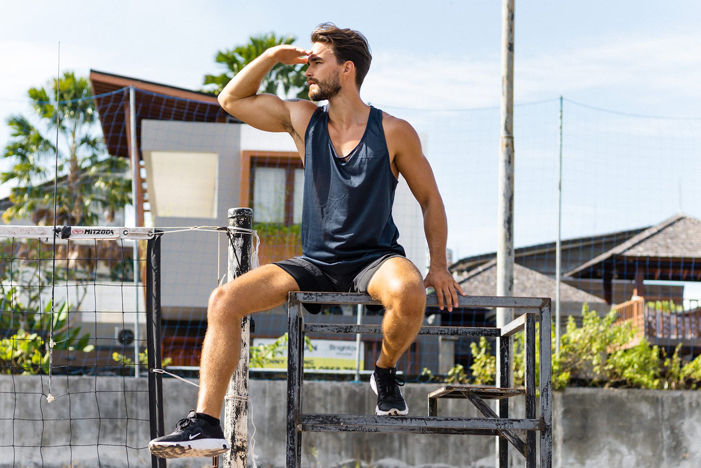 frueo 3 Pack Mens Workout Vest Quick Dry Workout Sleeveless Tops Breathable Y-Back Shirts Training Bodybuilding Vests (20418) Black Gray Blue-L