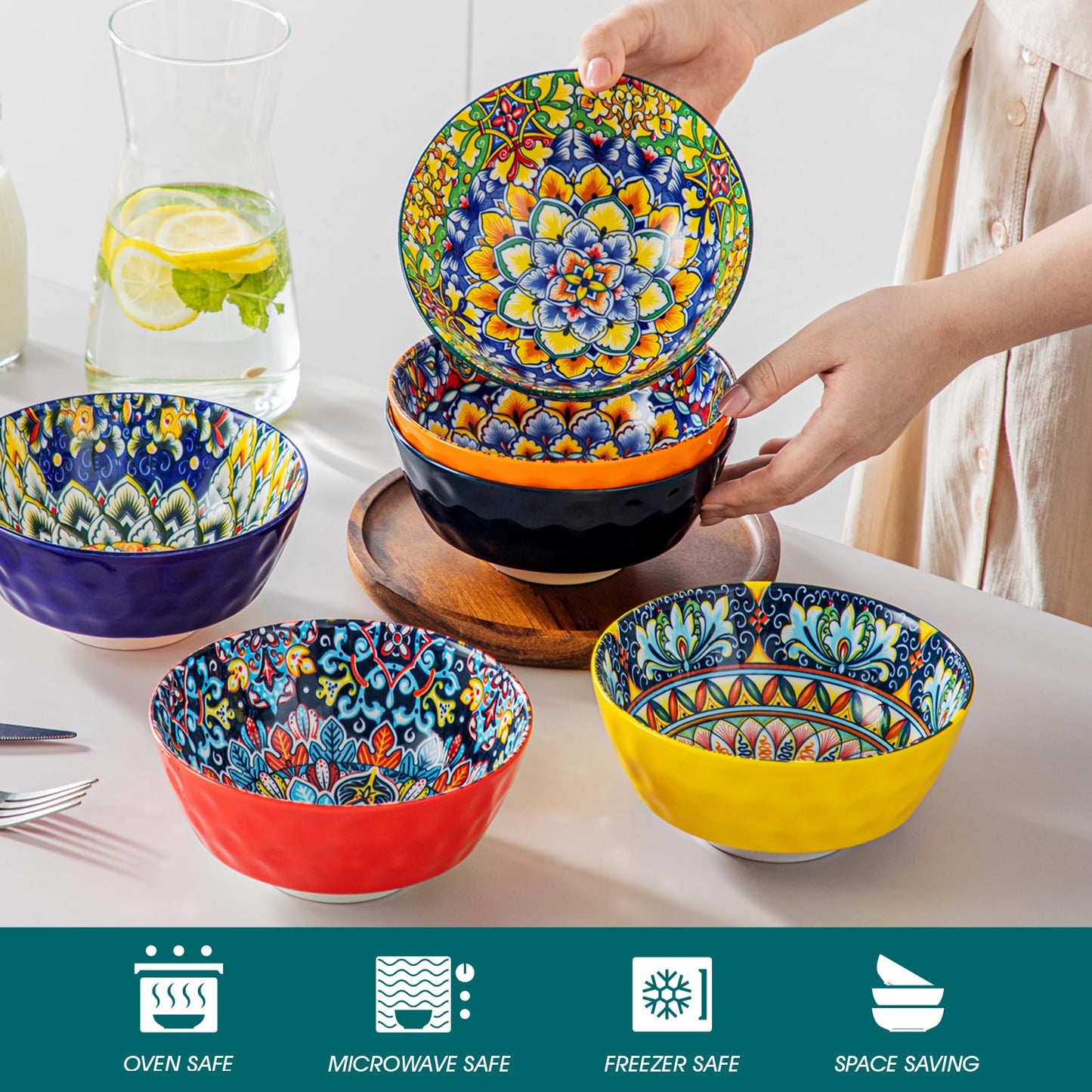 vancasso Cereal Bowls, Ceramic Soup Bowls Set of 6, 26 oz Corlorful Bowls Set for Kitchen, Dishwasher & Microwave Safe- for Cereal, Soup, Oatmeal, Ice Cream, Salad, Pasta etc