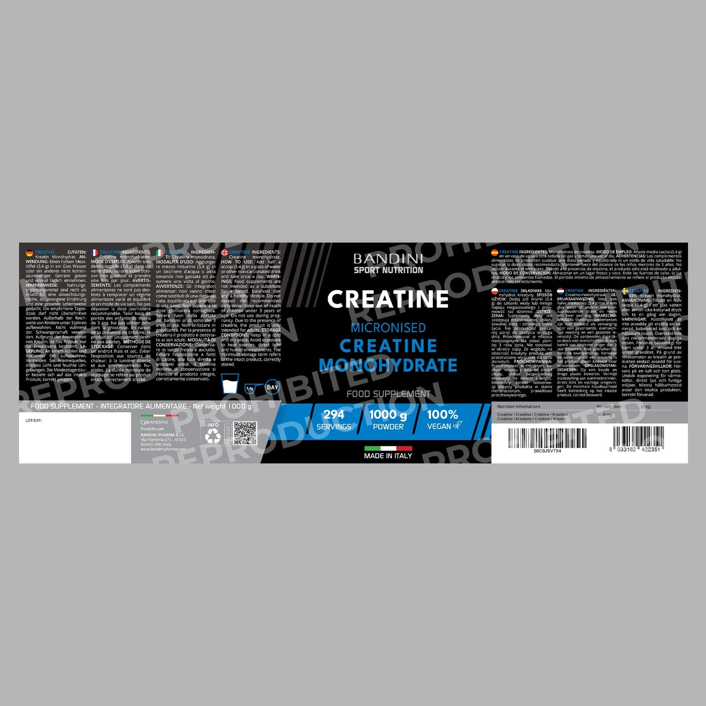 Bandini® Creatine Monohydrate Powder 1kg/1000g | Pure Creatin Micronised | Improve Training, Sports, Gym, Pre Workout, Physical Performance and Recovery | Muscle Power & Strength | 100% Vegan | No GMO
