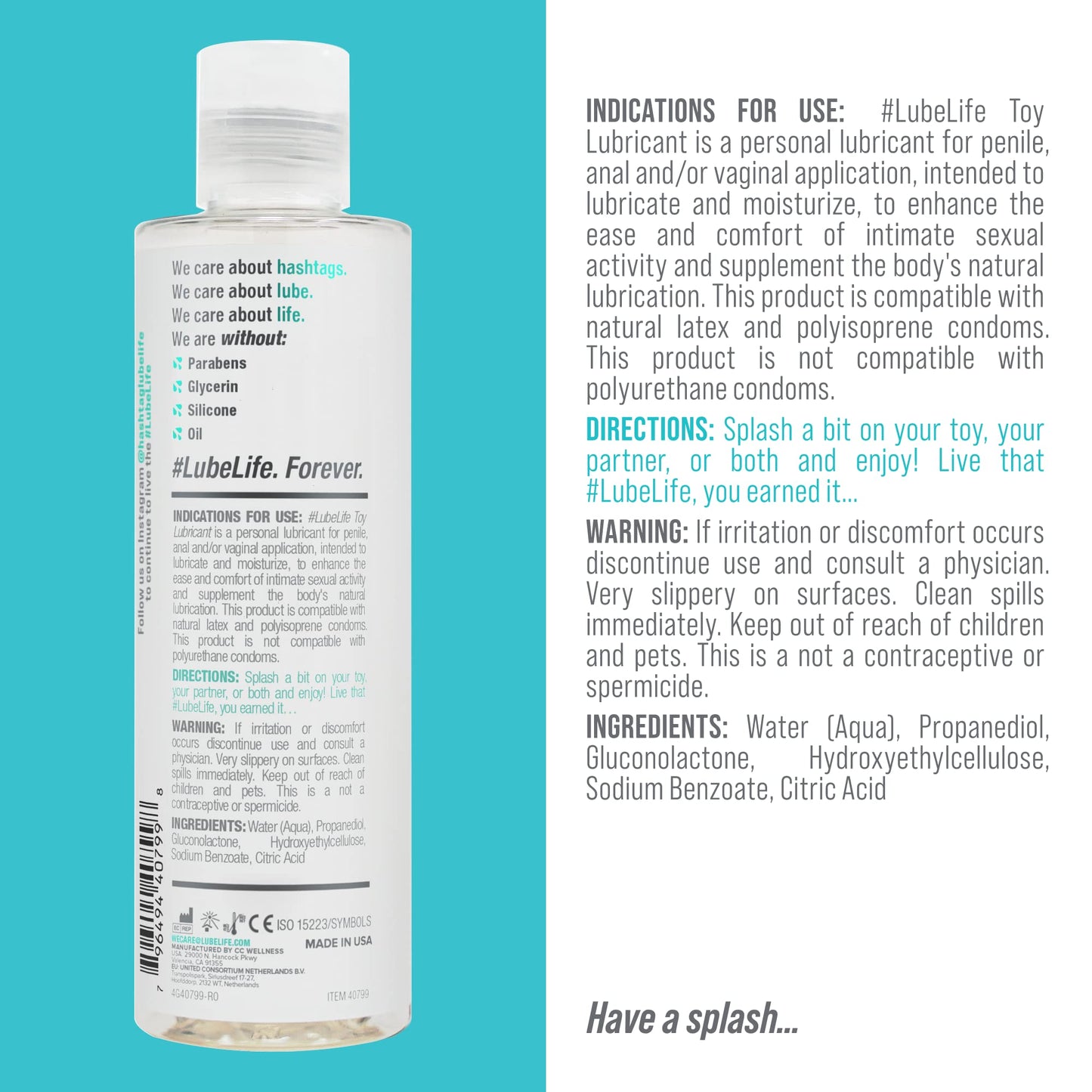 Lube Life Water-Based Toy Lubricant, Toy-Safe lube for Men, Women and Couples, Non-Staining, 240 ml