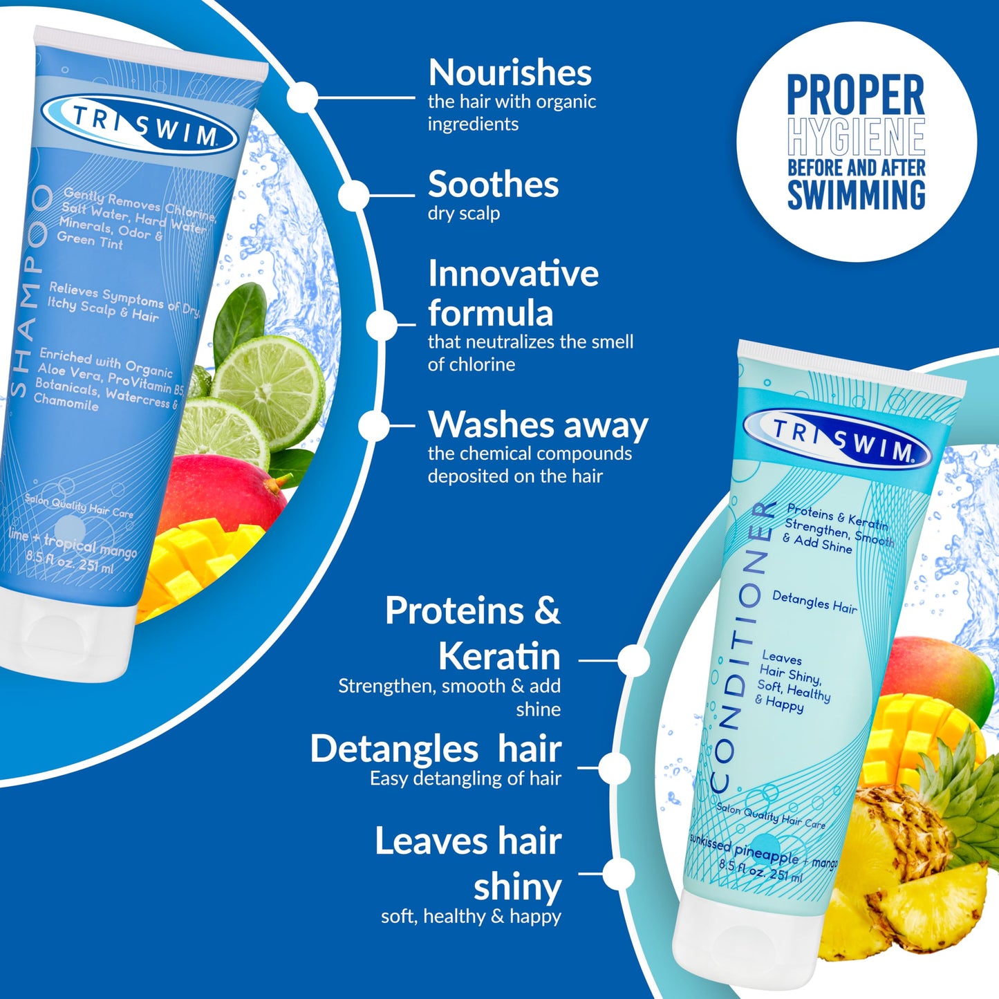 TRISWIM - Chlorine Removal Hair Care Bundle, After Swim Care Shampoo and Moisturizing Conditioner, Anti-Chlorine Hair Protection For Swimmers, Removes Green Tint, Vegan & Cruelty Free (251+251 ml)