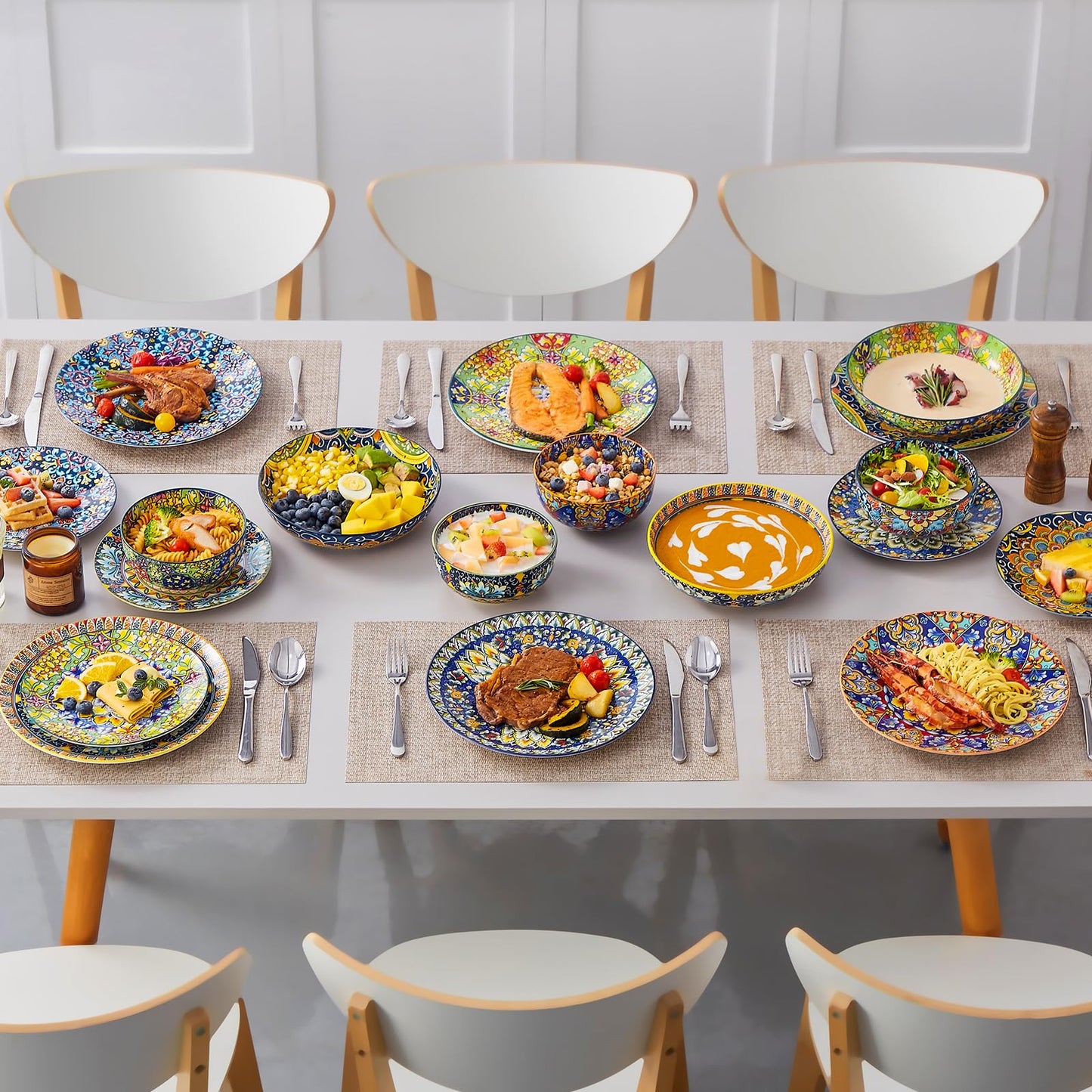 vancasso SIMI Dinner Set- 24 Pieces for 6 People, Porcelain Plates and Bowls Set, Bohemian Style Dinnerware Sets, Scratch Resistant Dinner Service Set, Dishwasher and Microwave Safe