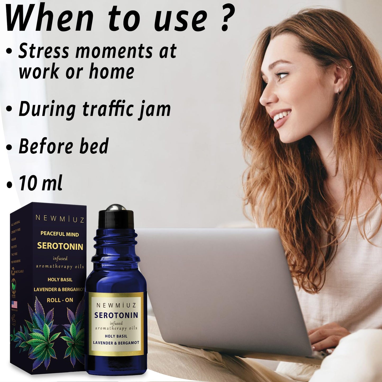 Calming Roll On Essential Oil Blend - Anti Stress Aromatherapy Oils Lavender, Bergamot & Holy Basil Destress - Relaxation Stress Relief Gifts for Women Perfect Stocking Stuffers - NEW MIUZ