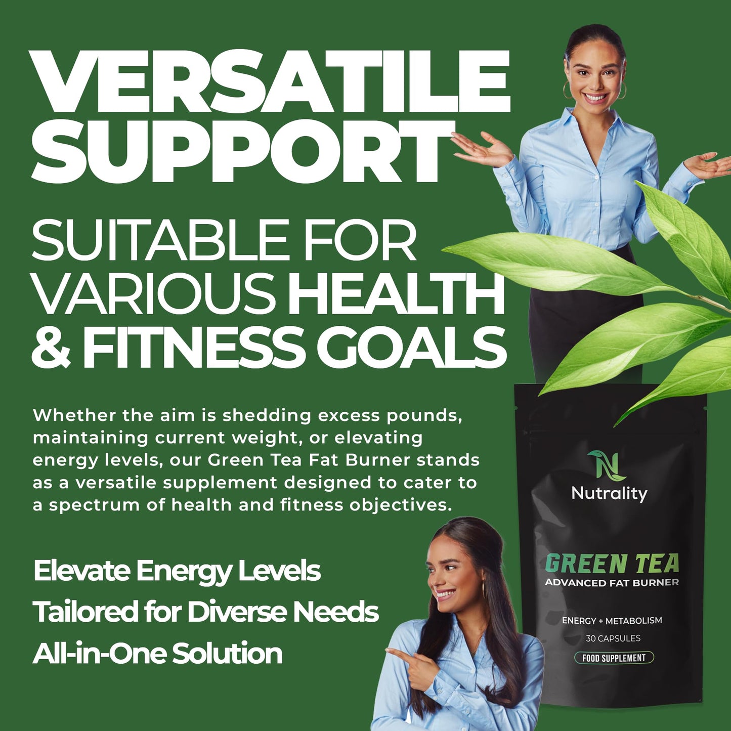 Nutrality Green Tea Advanced Fat Burner Supplement | for Men & Women | Weight Management, Metabolism Boost & Appetite Suppressant | 30 Vegan Capsules