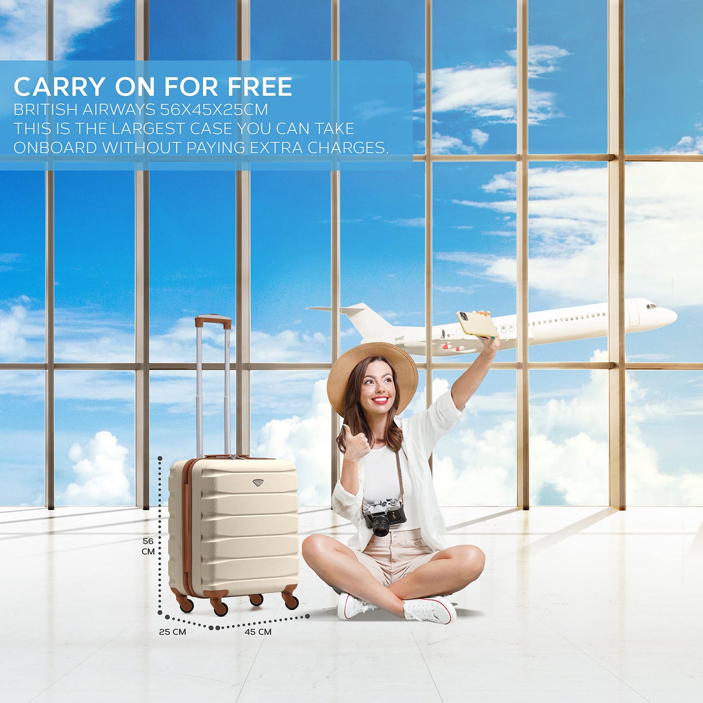 Flight Knight 56x45x25 EasyJet Cabin Bag, Jet2, British Airways Suitcase - Lightweight Small Durable 4-Wheel Cabin Case, Maximum Carry-On Size, ABS Hard Shell, 10kg Hand Luggage Bag- 56 x 45 x 25