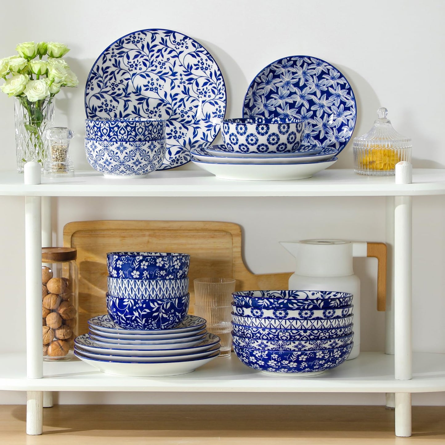 vancasso Selene Plates and Bowls Set, 24 Pieces Vintage Blue Porcelain Dinner Sets for 6 People Scratch Resistant Dinnerware Sets Crockery Set, Mircowave Dishwasher Safe Dishes Set