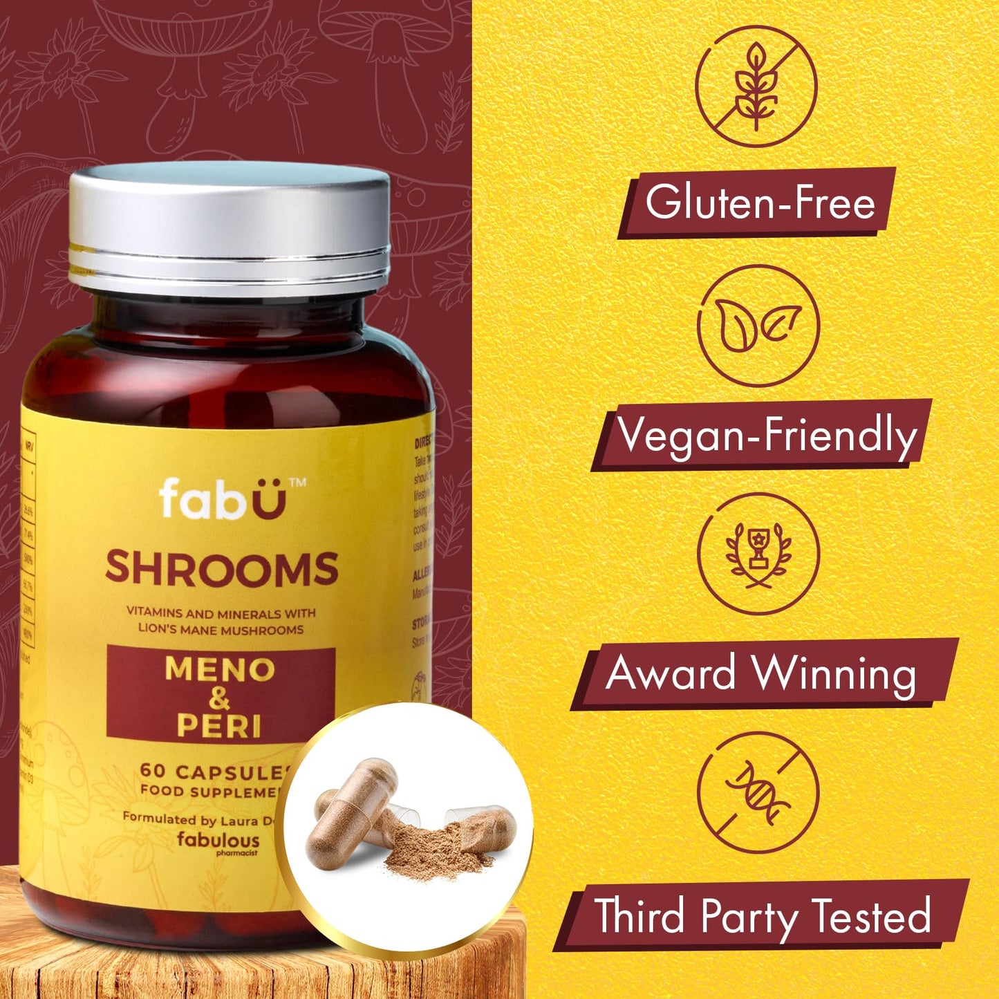 fabÜ Shrooms MENO & PERI - Lion's Mane Mushroom & Magnesium Supplements for Women During Menopause - Natural Perimenopause Support - Hormone Balance & Energy Support (60 Capsules)