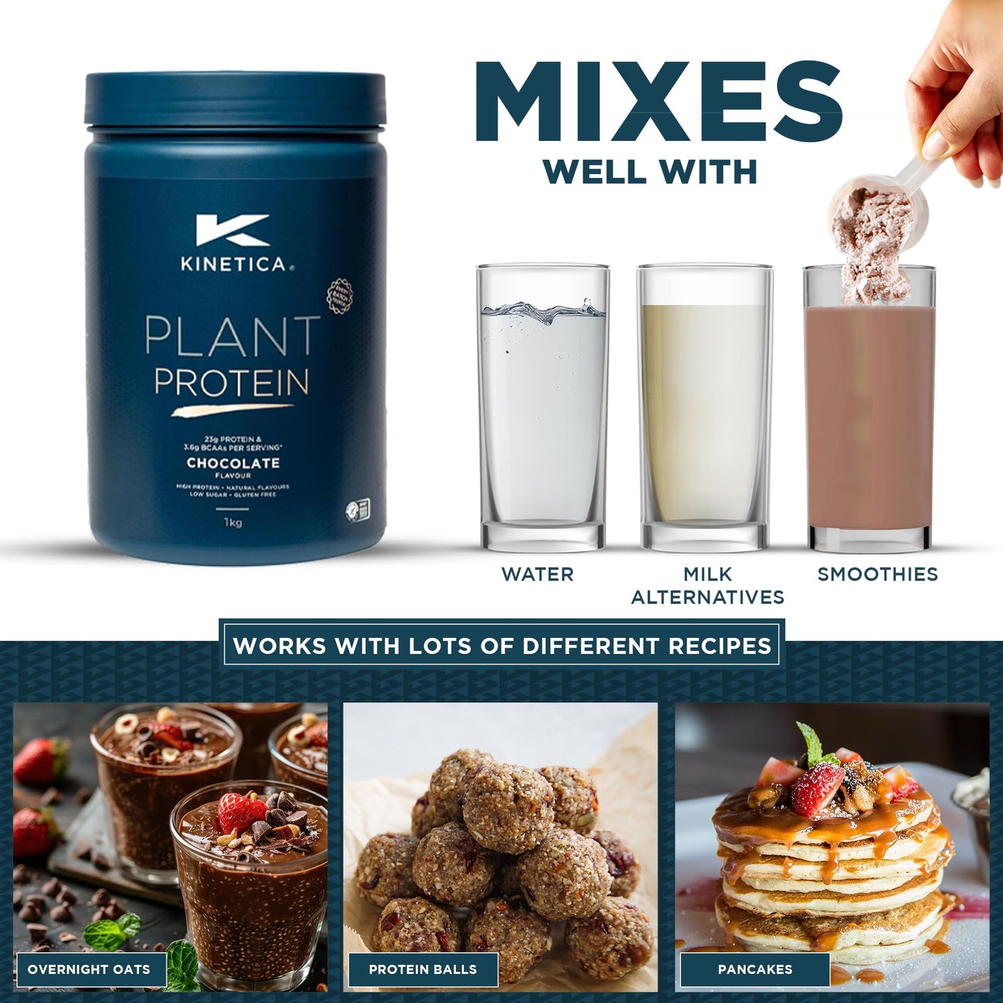 Kinetica Sports Plant Protein Powder - Chocolate Flavour | 23g Protein/Serve, 33 Servings/1Kg | Blend of Pea & Rice Protein | Dairy & Gluten Free |Vegan & Low in Sugar | Easy Mixability